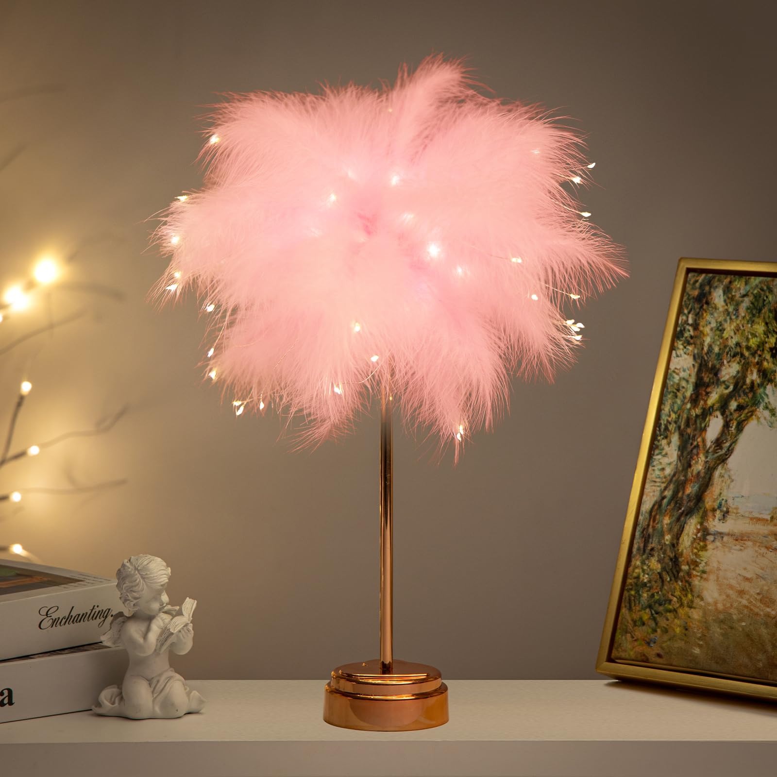 BDUSXYZ Pink Feather Lamp - LED Atmosphere Feather Night Lights Bedside Lamps for Mother, Girlfriend Home Girl Room Wedding Deco