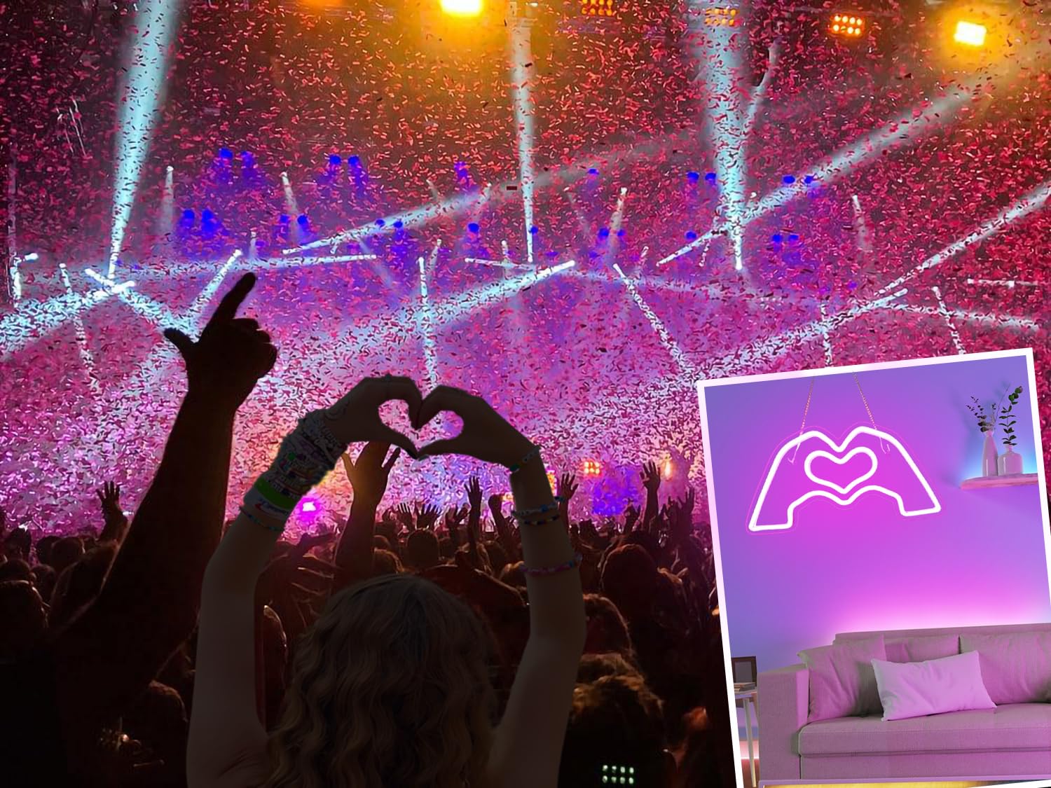 HMASYO Heart Hands Neon Sign - LED Wall Art with Dimmer, 15.7in, Pink Acrylic, Model 2411A, Ideal for Music Lovers, Parties, and Decor