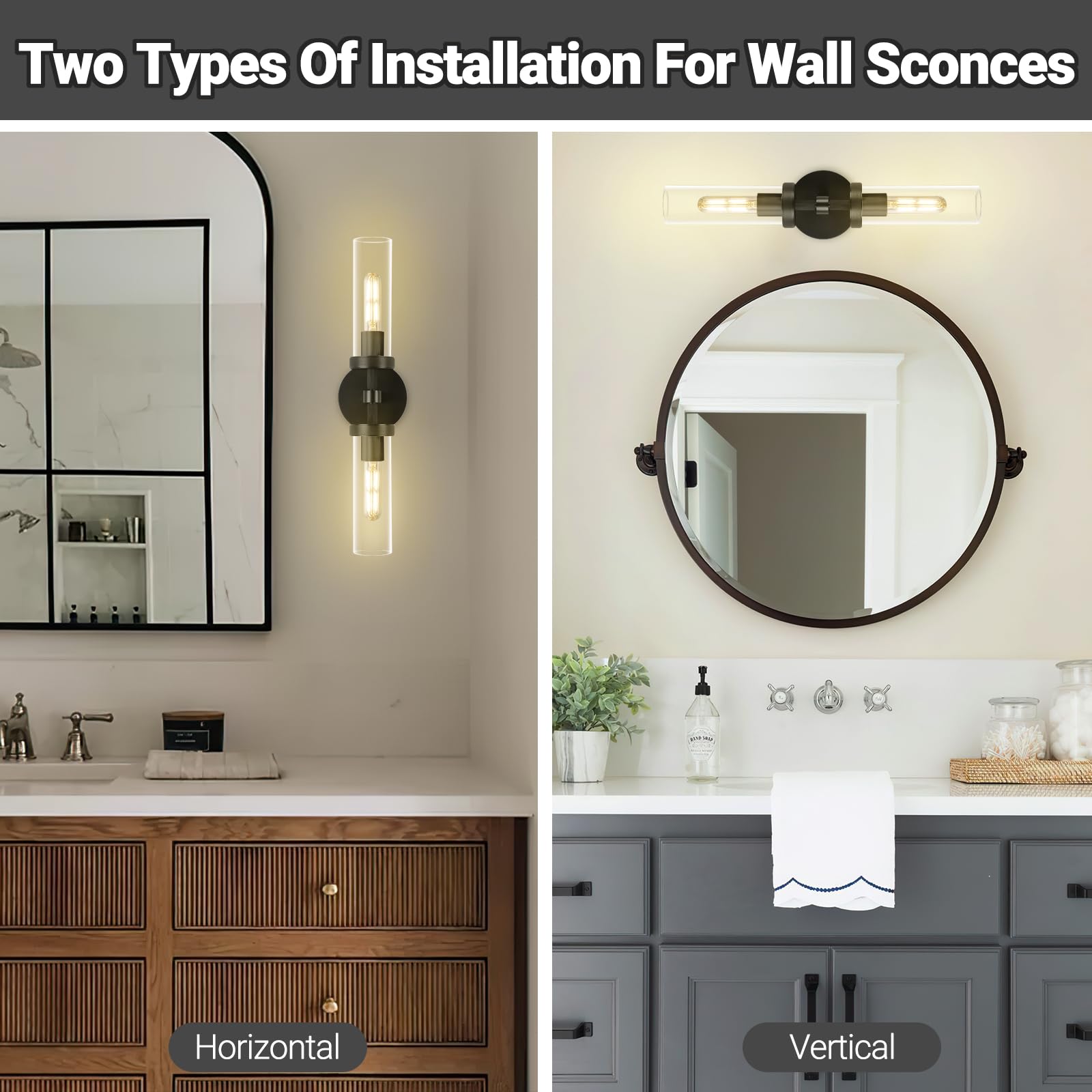 Zhtiechui 2-Light Black Knurled Wall Sconces, Glass Sconces Wall Lighting Indoor, Bathroom Vanity Light Sconces, Wall Lights For