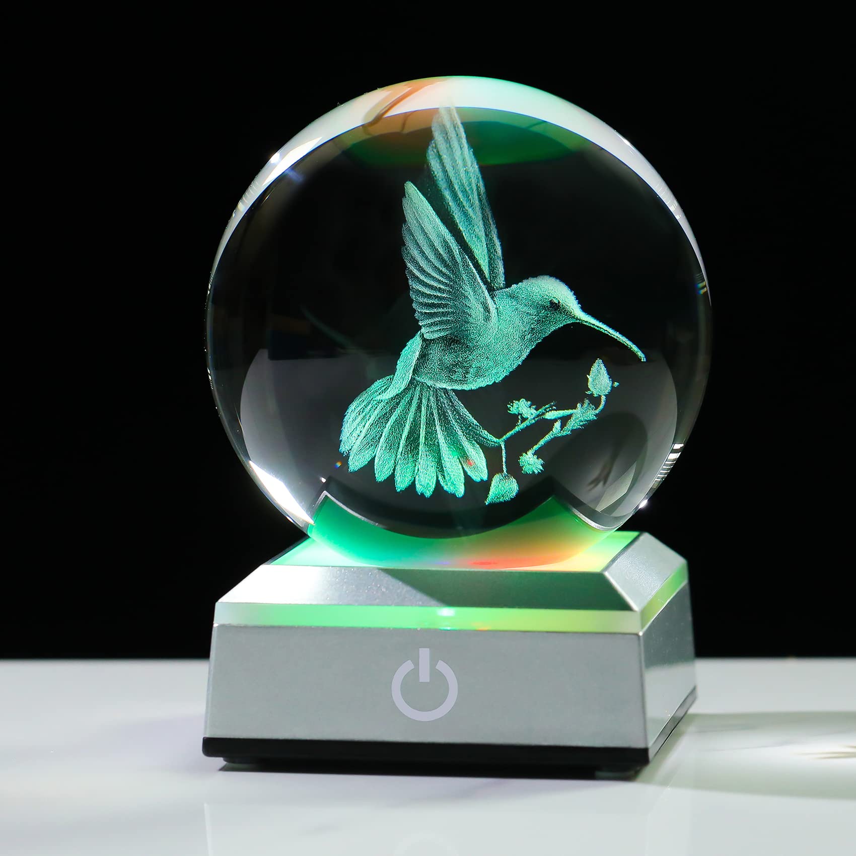 Ornalrist Crystal Ball 3D Engraved Hummingbird With Led Colorful Base, 3.15"/8Cm Animal Glass Sphere Ideas For Friends Home Decor Display, Gifts For Men Women On Birthday Christmas