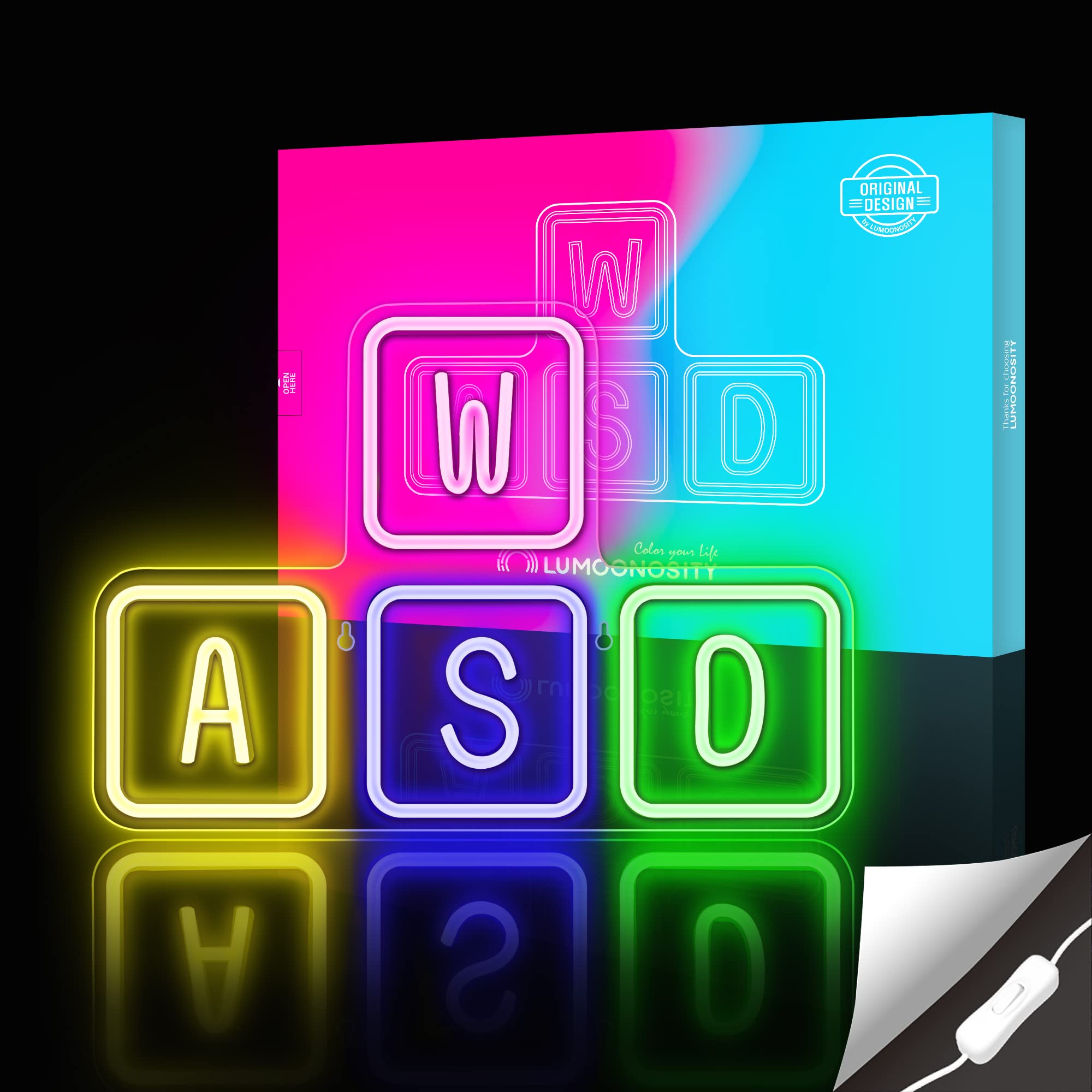Lumoonosity WASD Neon Sign - LED Keyboard Wall Decor - 16.5x11.2 inches - Acrylic - Yellow/Green/Blue/Pink - Model NS-WASD Mix