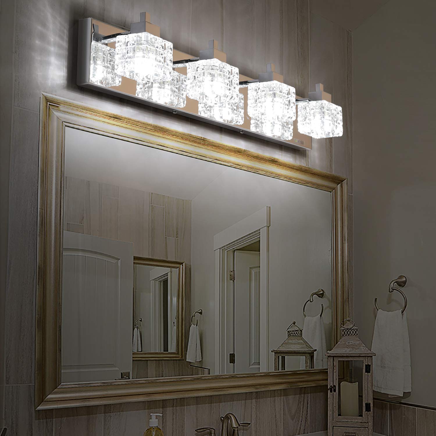 TRLIFE 26" Crystal Bathroom Vanity Light Fixture, 4 Lights, Silver Stainless Steel, Modern Over Mirror Lighting