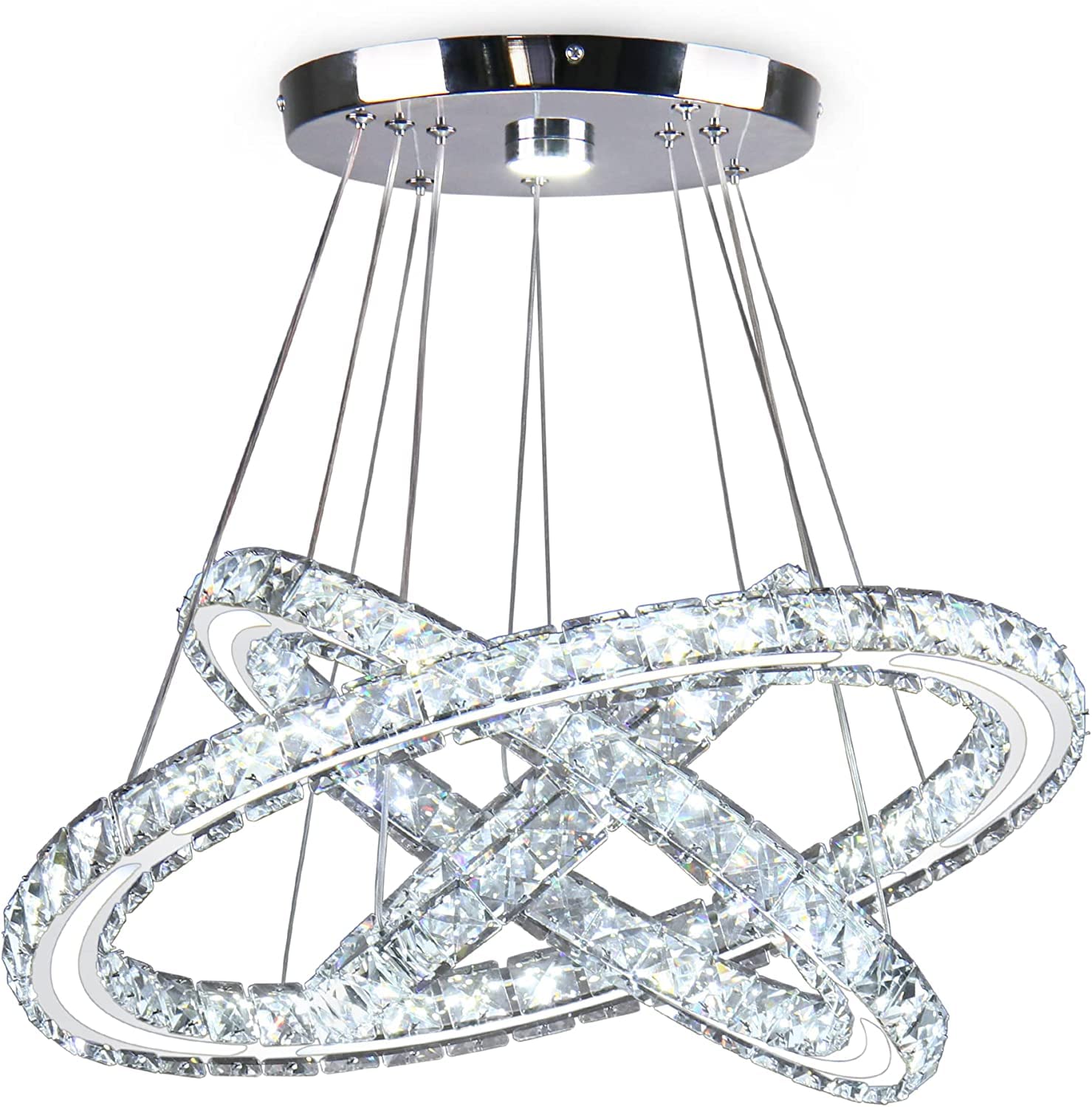 Cxgleaming Led Chandeliers Modern Ceiling Light Fixture 3 Rings Adjustable Crystal Pendant Light Fixture Ceiling Hanging For Living Room Dining Room Bedrooms Hall 250Mm Base 209 Crystals (Cool White)