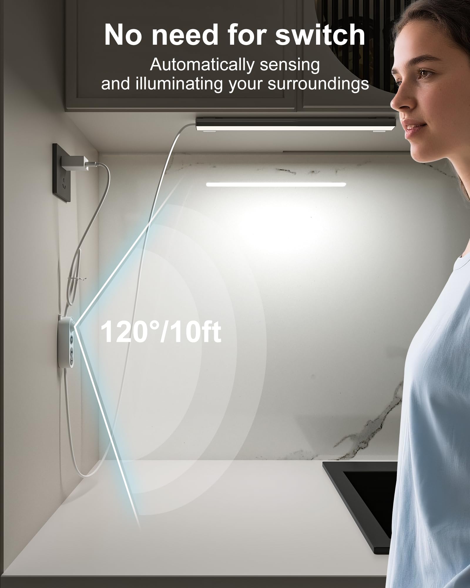 ASOKO Motion Sensor LED Under Cabinet Light Bar, 12-Inch, Daylight White, Model UNO-UT, Dimmable Plastic Counter Light for Kitchen & Closet