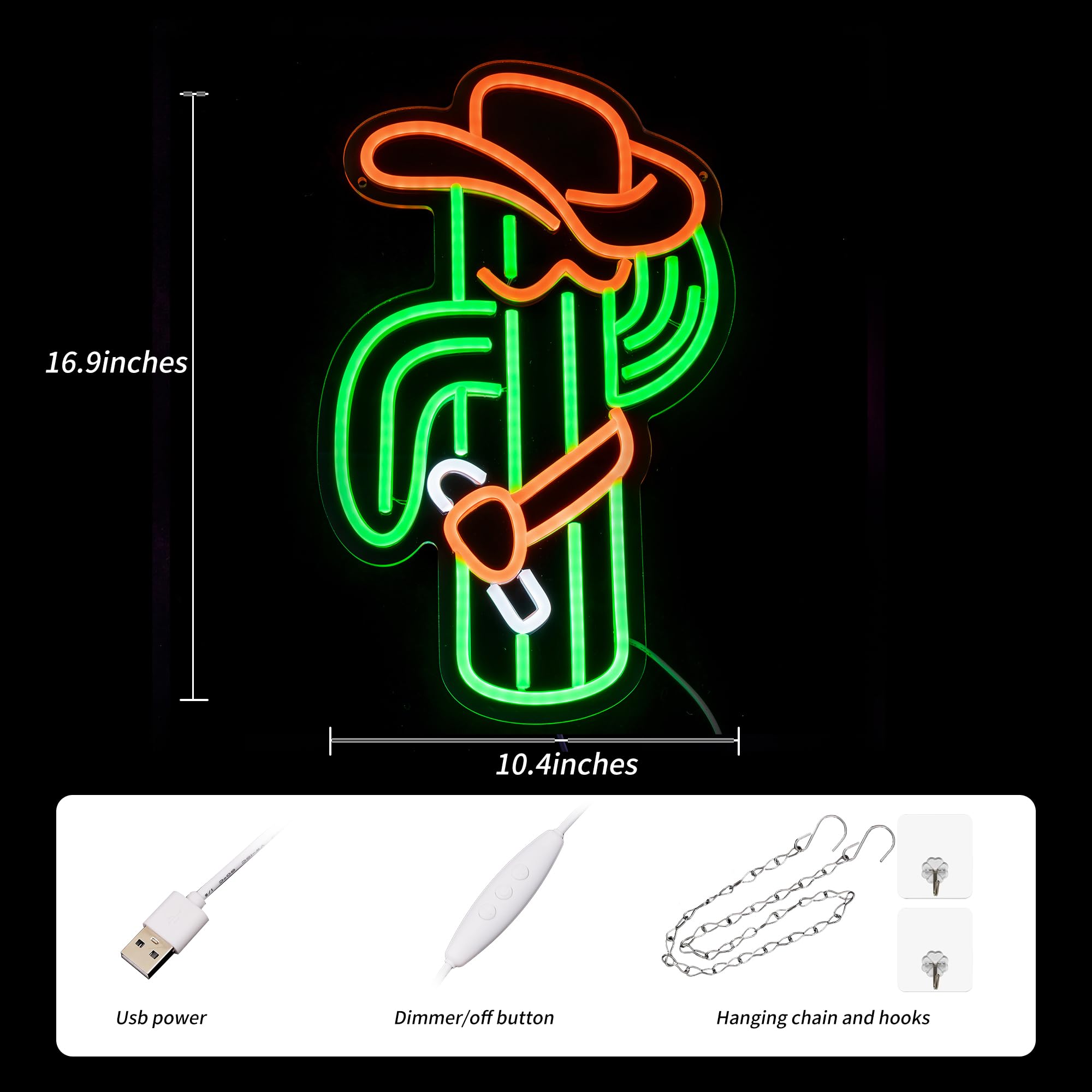 SUYUZUR Cactus Neon Sign - Cowboy Hat LED Wall Decor, Green Acrylic, Model SLY-04, Colorful Light for Bedroom, Bar, Game Room