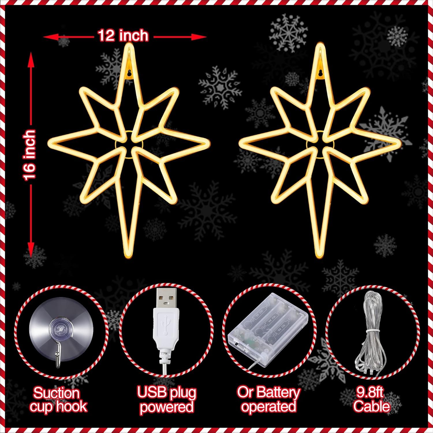 Enhon 2 Pack 16" Warm White Bethlehem Star Window Lights, USB/Battery Operated, Acrylic Christmas Decor, Model SO-Enhon-453