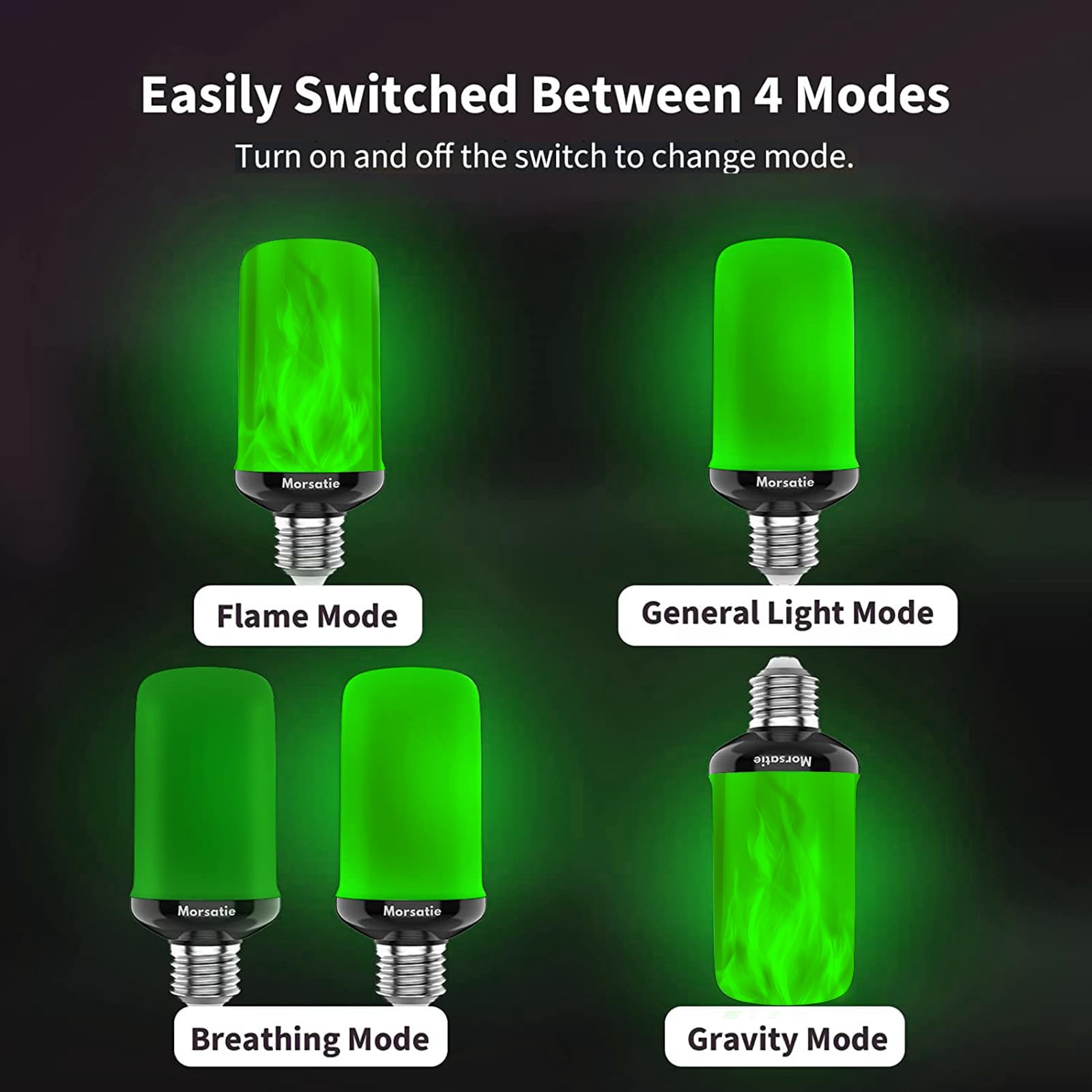 Morsatie LED Flame Light Bulbs, 4-Mode Flickering, E26, Green, 4 Pack