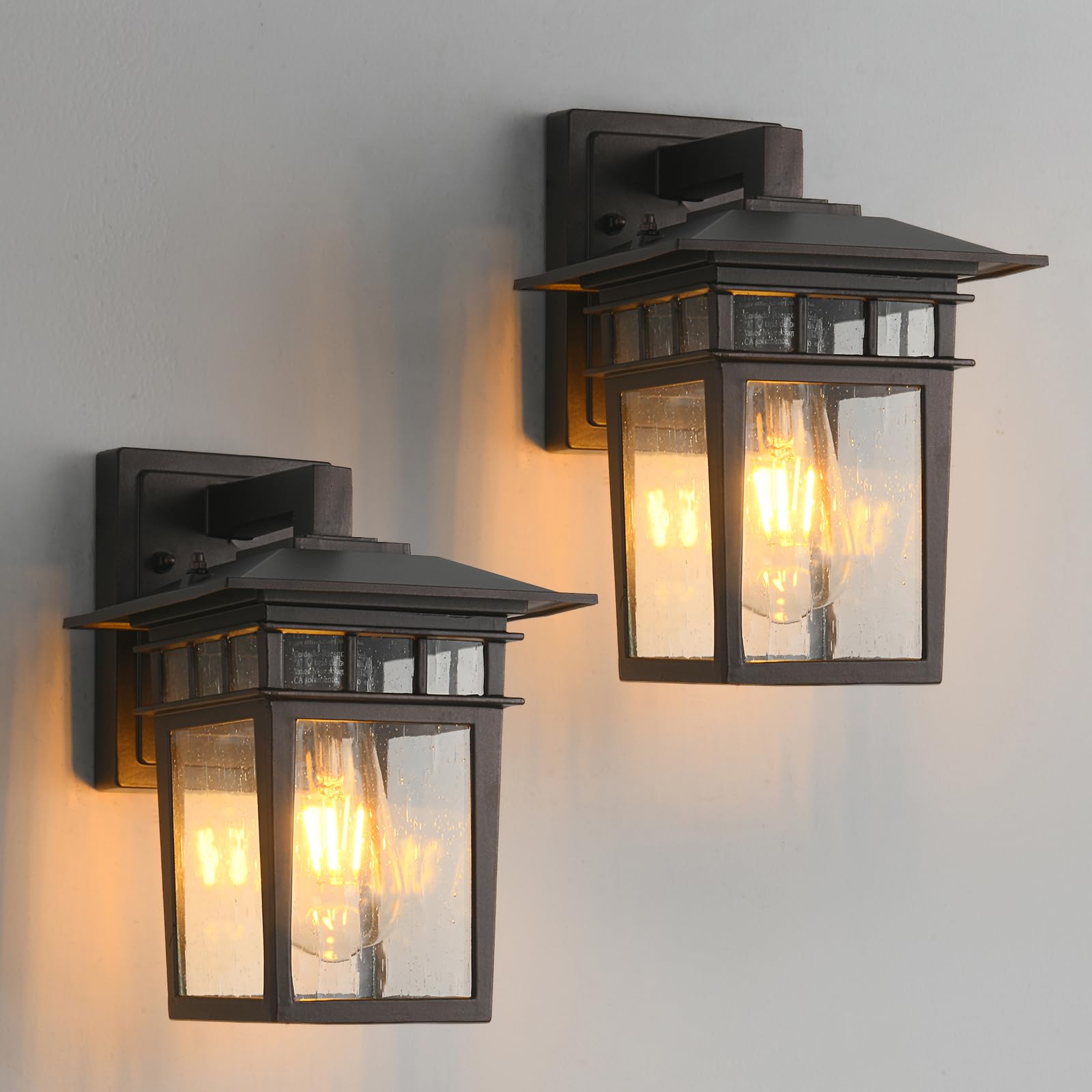 Smeike Outdoor Lighting Fixtures Wall Mount, Exterior Wall Sconces Set of Two, Brown Outdoor Porch Lights with Seeded Glass for 