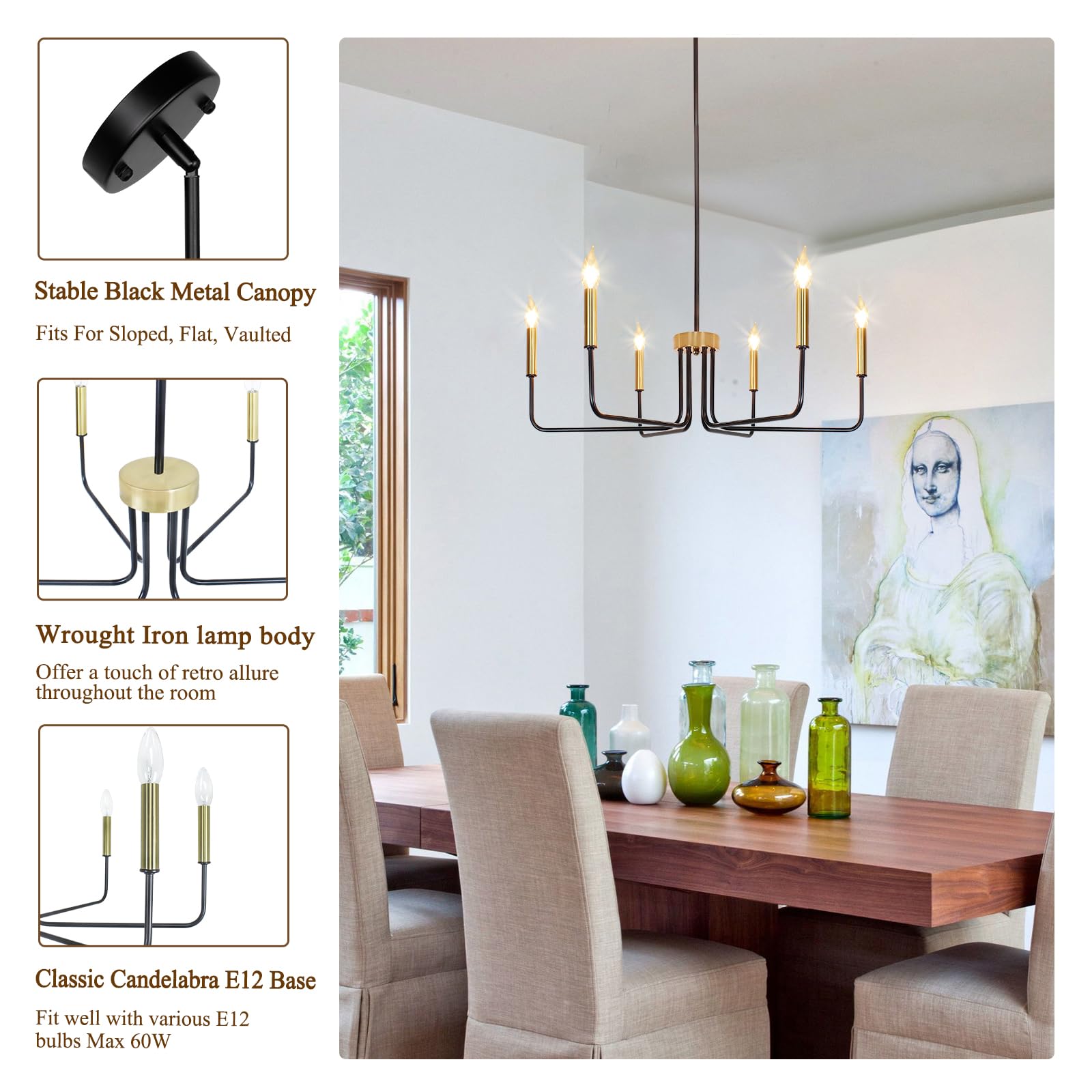 Rviezza 6-Light Modern Black and Gold Chandelier - Metal Dining Room Light Fixture for Living Room, Kitchen, Foyer, Entryway, Bedroom