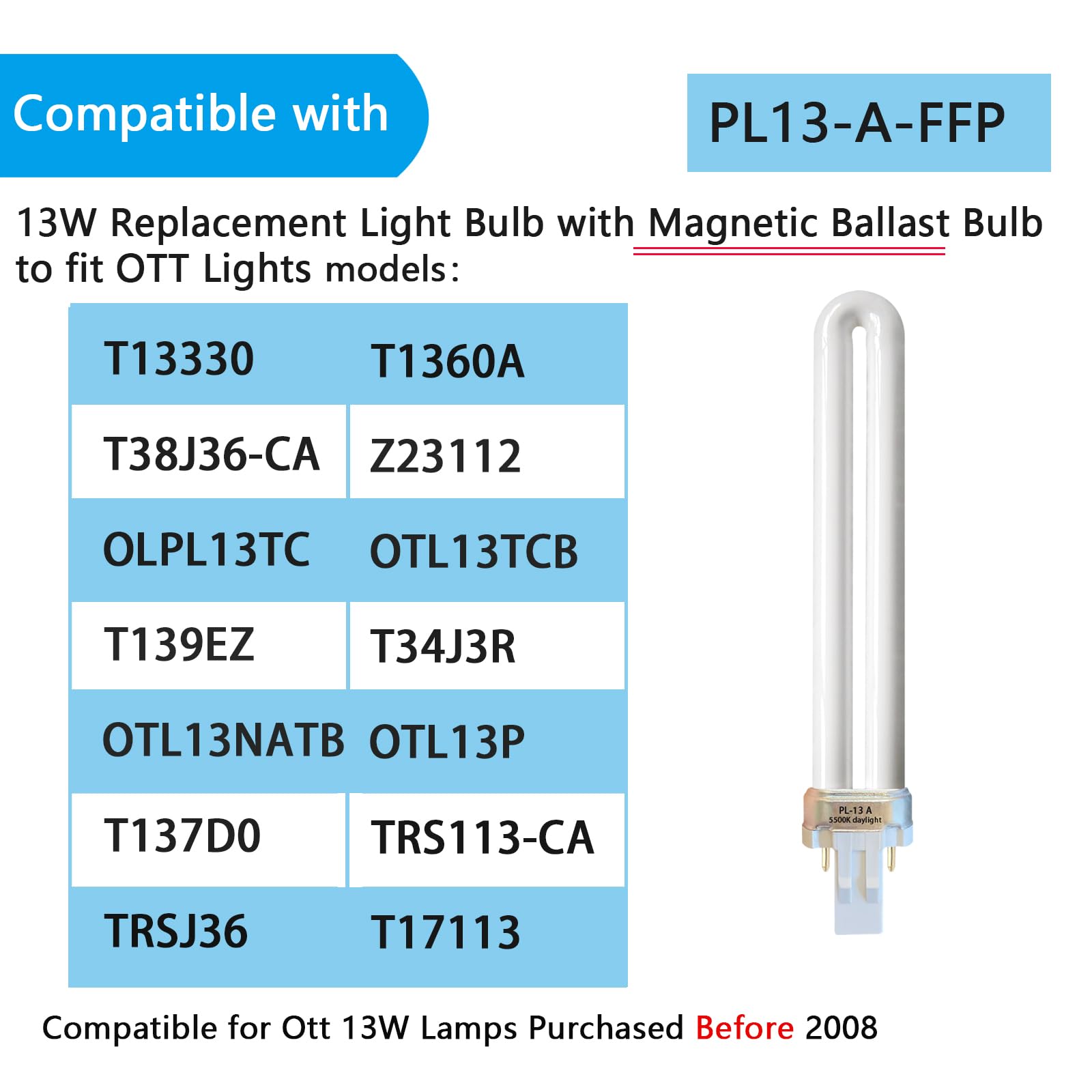 Ignixlite Pl13-A-Ffp 13W Type A Fluorescent Light Bulb With Magnetic Ballast,Replace For Ottlite Lamps Purchased Before 2008,T13