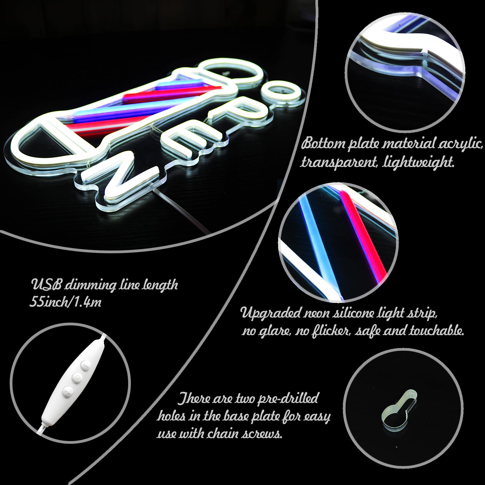 Barber Shop Open Neon Sign Hair Salon Supplies Neon Lights Wall Decor For Barber Shop  Barber Pole Logo Barber Shop Barber Supplies  Barber Accessories  Dimmable Usb Power Blue Red White(16.5X7.8)