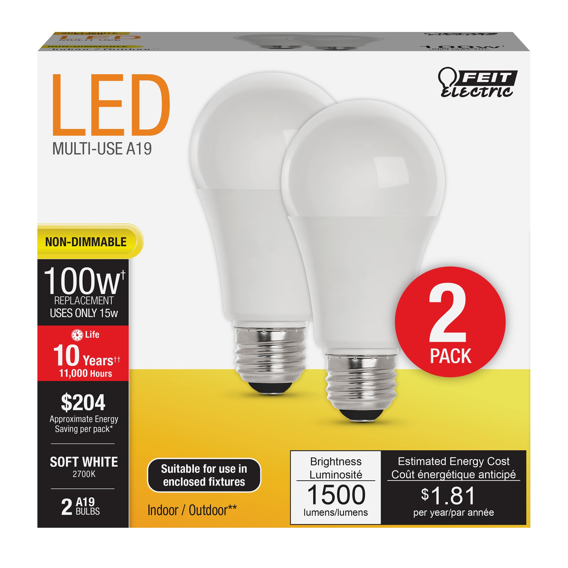 Feit Electric A19 Led Light Bulbs, 100W Equivalent, Non Dimmable, 1600 Lumens, E26 Standard Base, 2700K Soft White, 80 Cri, 10 Y