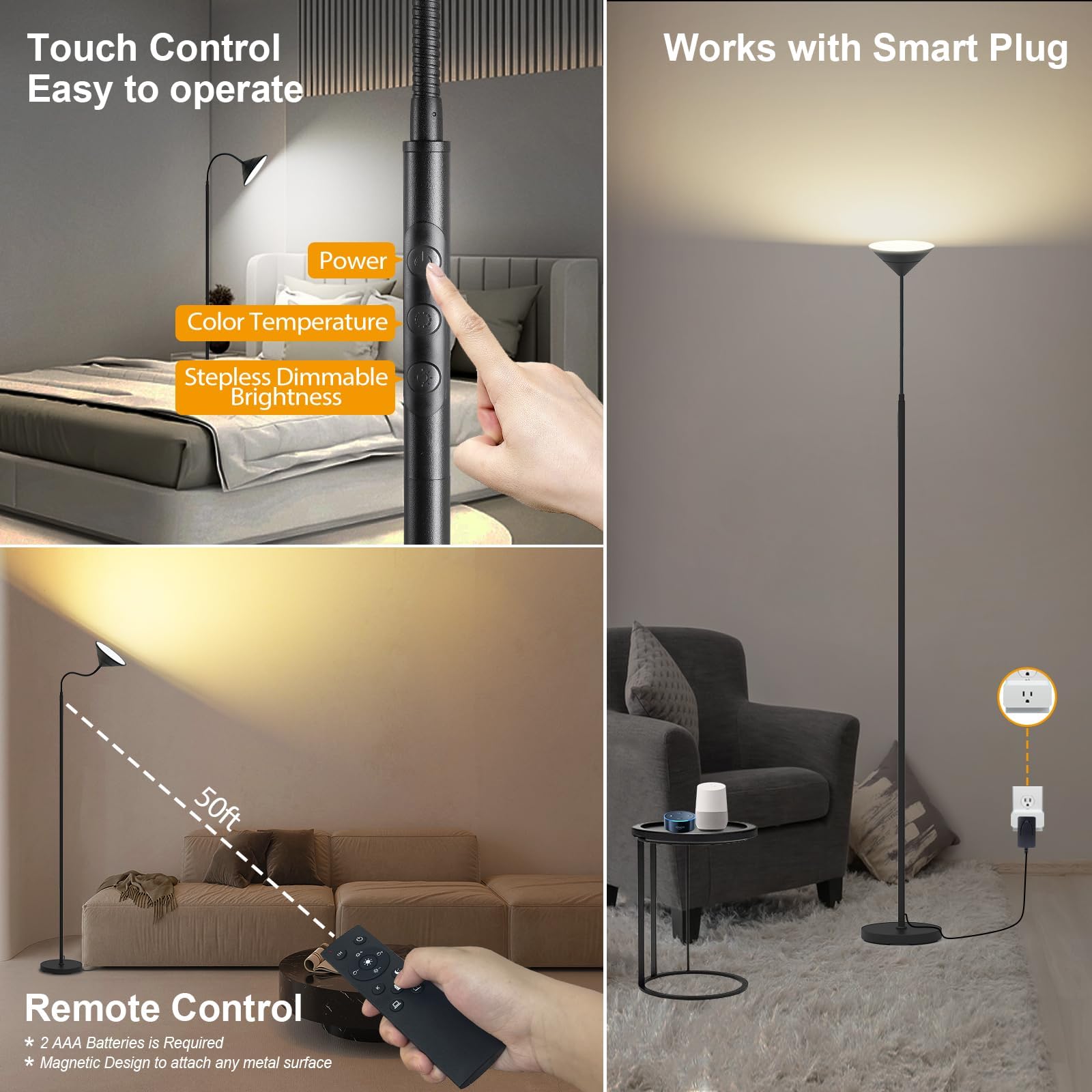 Mukuxin Tall Led Floor Lamp, Dimmable 2700K-6500K, Remote & Touch Control, Black
