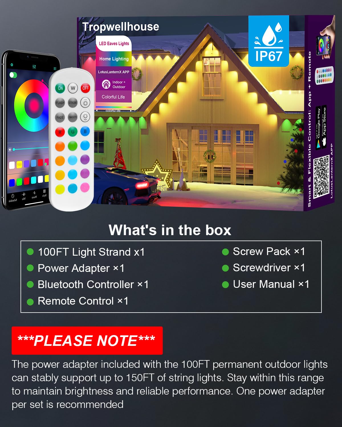 Tropwellhouse 100ft RGB Smart LED Outdoor Lights, IP67 Waterproof, Remote Control, White, Model YM2025-2
