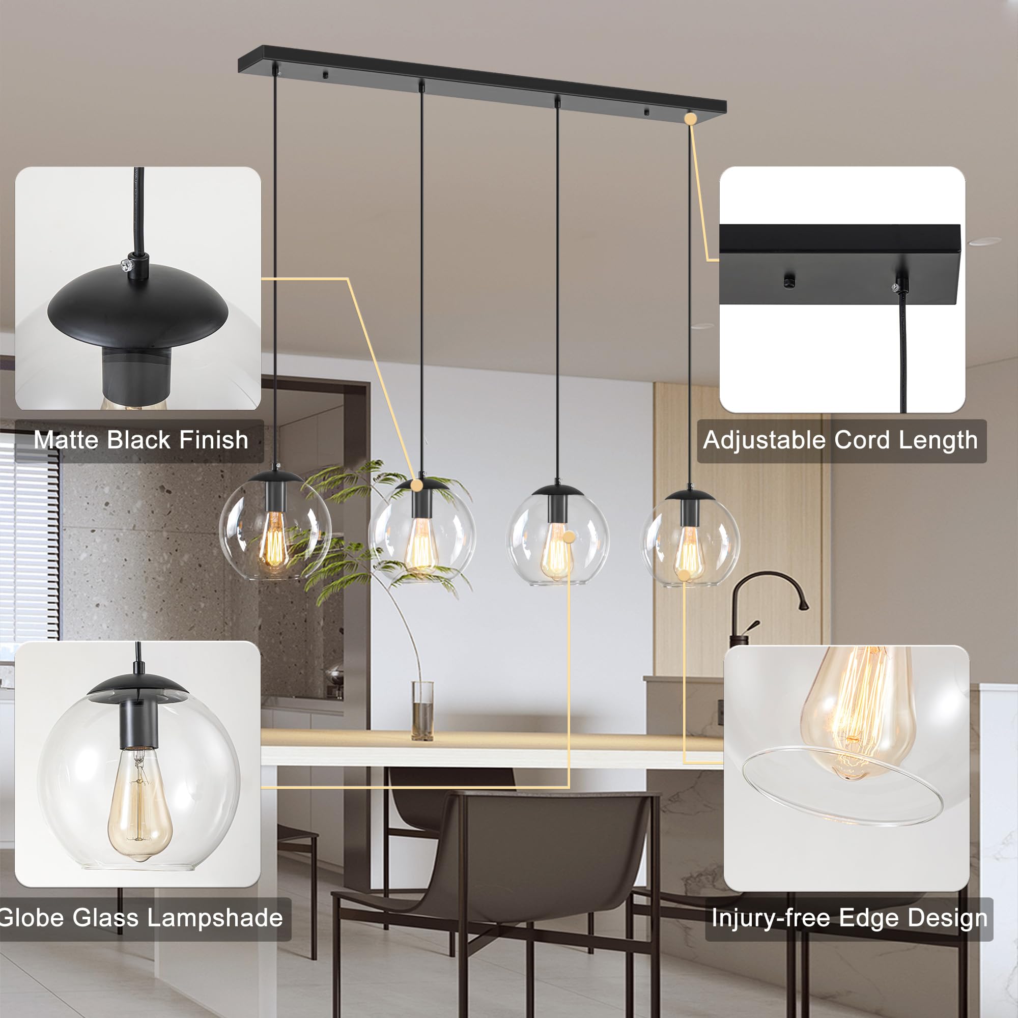 Lmsod 4 Lights Globe Pendant Light, Modern Hanging Lighting Fixture, Matte Black Classic Cluster Chandelier With Clear Glass Sha