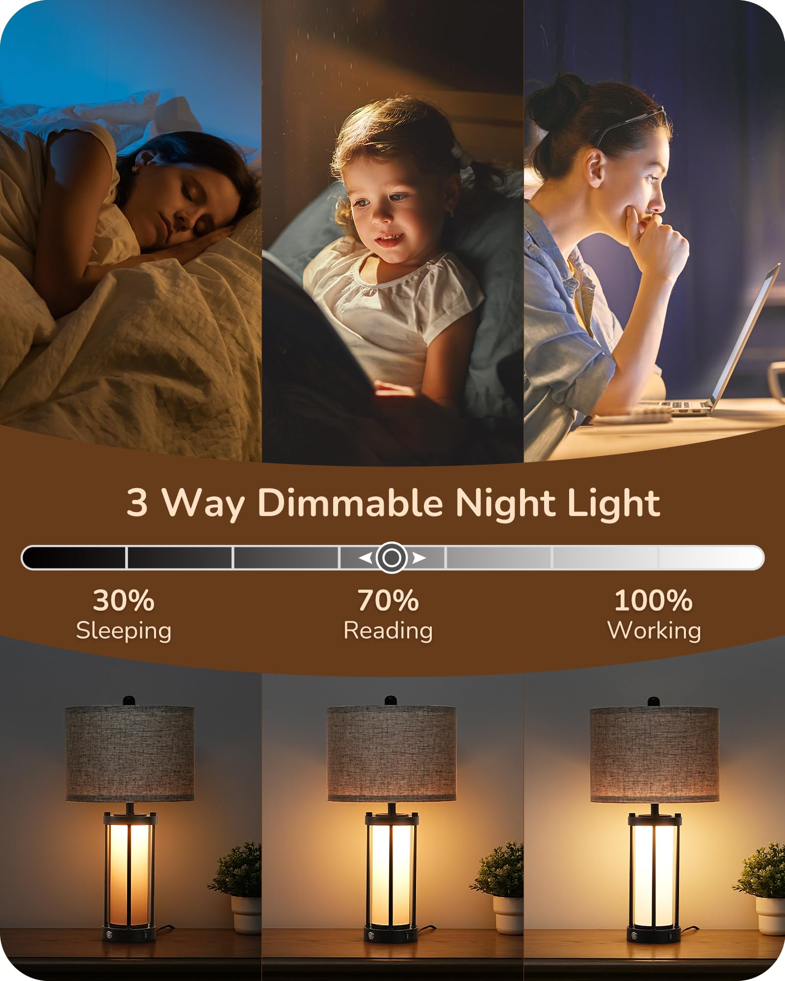 EDISHINE 22.44 Farmhouse Table Lamps with Night Light, 3 Way Dimmable Touch Control Bedside Lamp Set of 2, Rustic Nightstand Lam