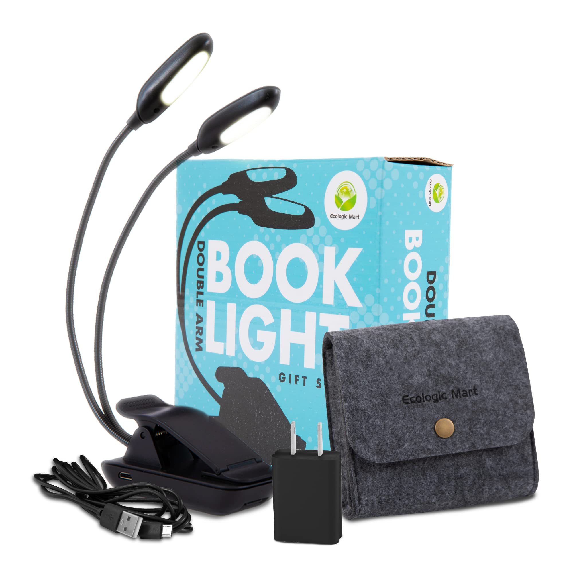 Ecologic Mart - Double Arm Rechargeable Book Light for Reading in Bed, Clip on Light for Reading Books with 9 Adjustable Reading