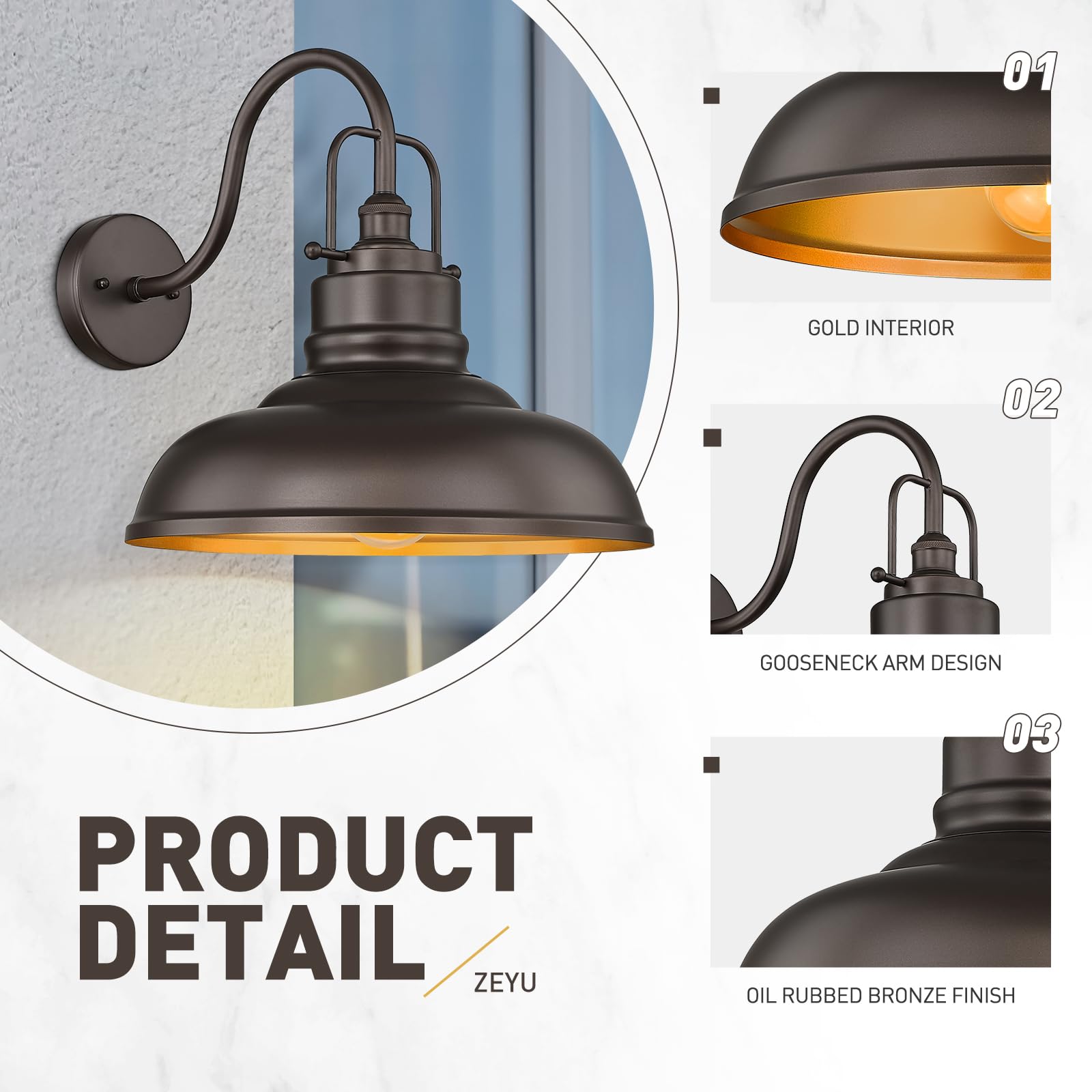 zeyu Gooseneck Barn Light - Outdoor Wall Sconce, Oil Rubbed Bronze, Large Size, Model 016-1BL ORB