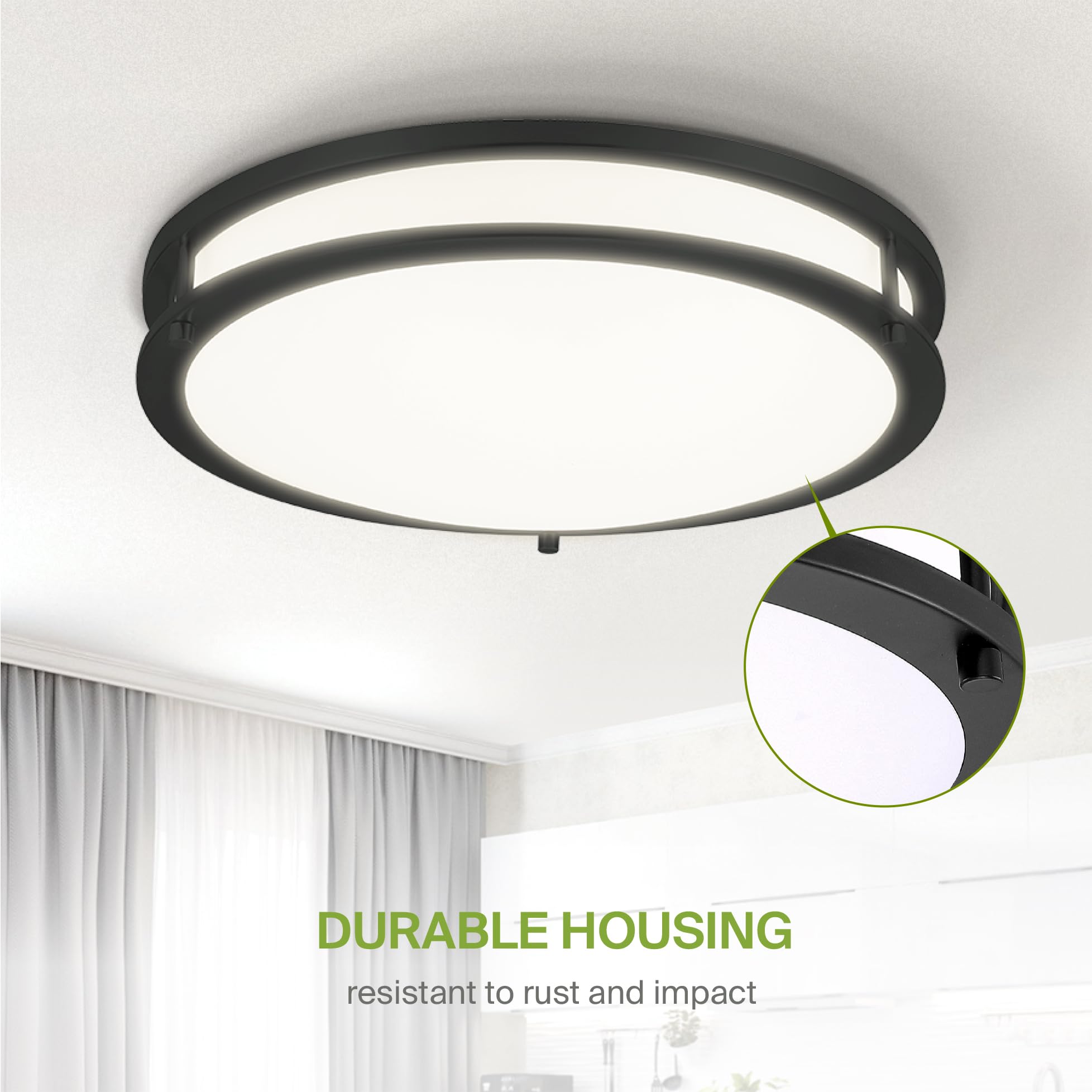Asd Led 16 Inch Round Flush Mount Light Fixture | 24W 1900Lm 3000K-5000K 120V | 3Cct  Dimmable  Energy Star  Etl Listed | Close To Ceiling Double Ring Lamp  Low Profile Lighting | Black