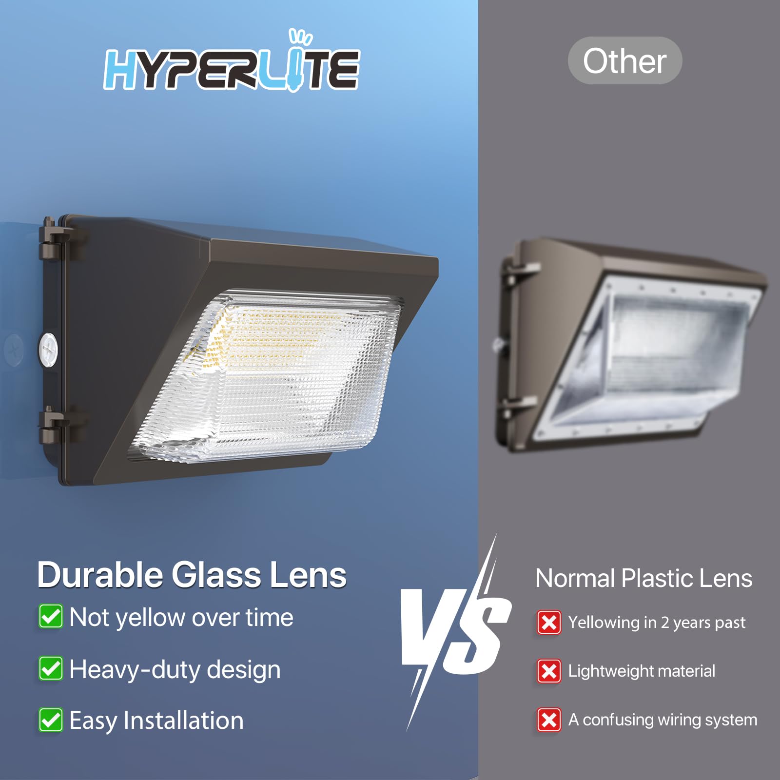 HYPERLITE LED Wall Pack Light 50W, 2-Pack, Dusk-to-Dawn Photocell, Glass Lens, Bronze, Model WP-OV-50W-2P