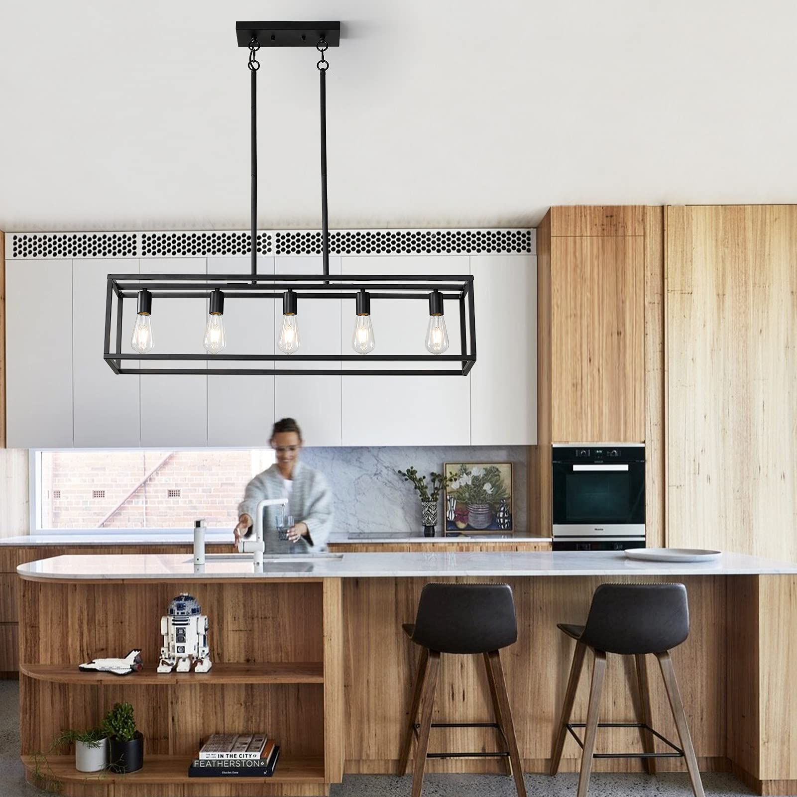 XISLTHOTSL Modern Industrial Chandelier, 5-Light Rectangular Pendant Light, Adjustable Height, Metal for Kitchen, Dining Room, Bar, Foyer