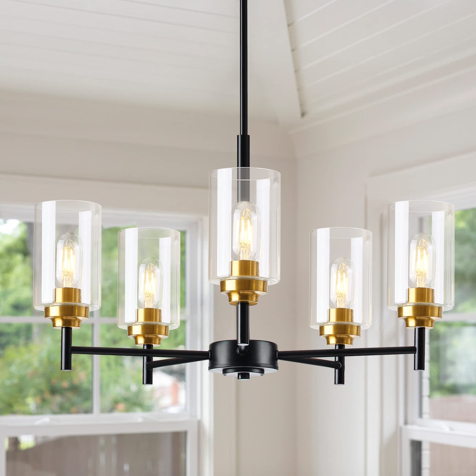 5 Lights Glass Farmhouse Chandeliers For Dining Room, Modern Kitchen Light Fixtures Over Table, Kitchen Island Pendant Ceiling Lighting , Black And Gold Hanging Light For Foyer Living Room Bedroom