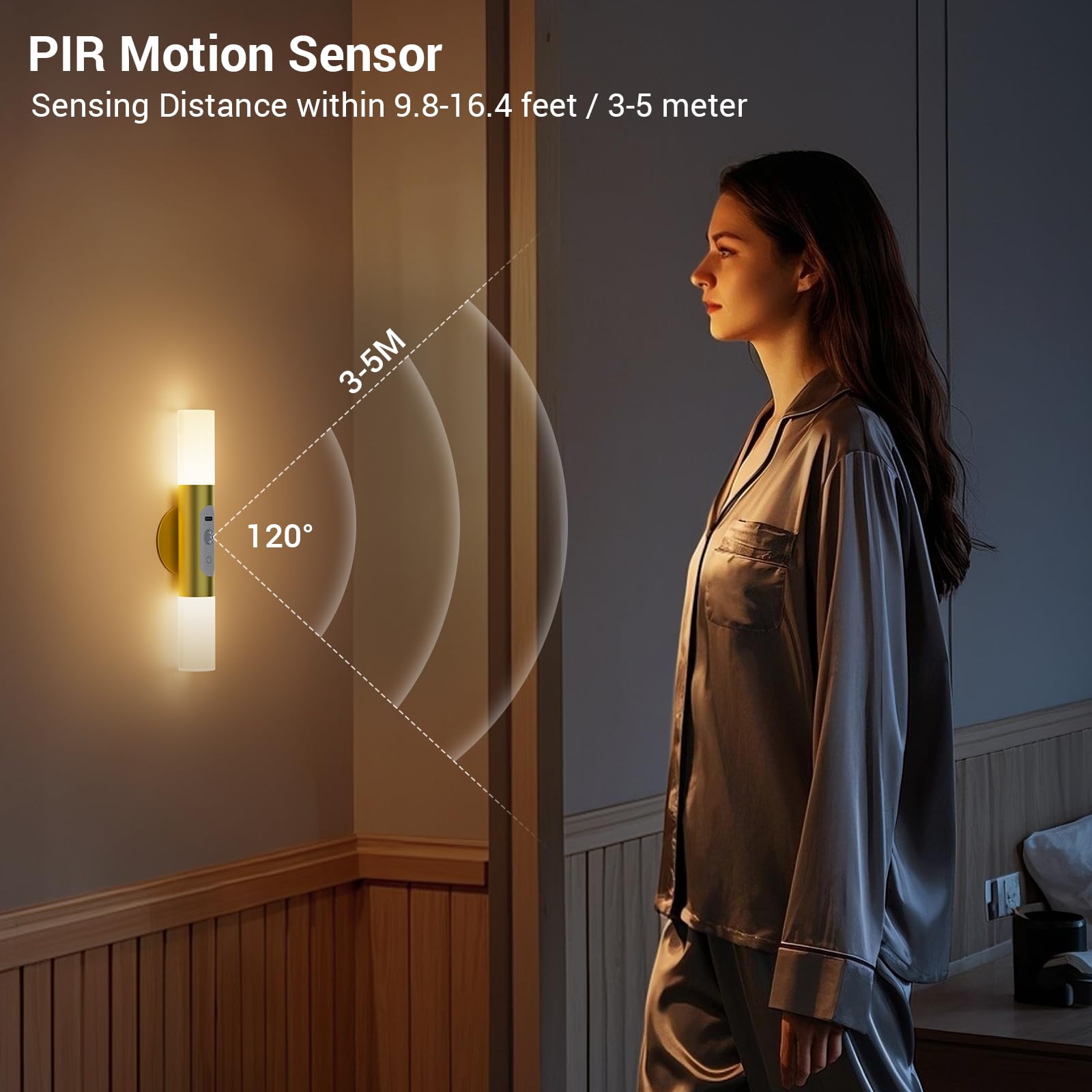 Hensam Motion Sensor Wall Sconces, LED Rechargeable, Remote Control, Gold, Set of 2, Model CL-K67-A-Gold-DE