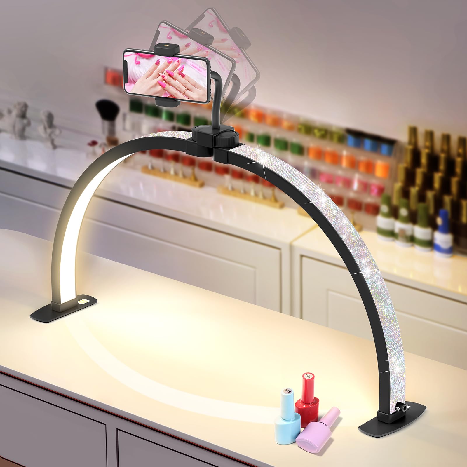Half Moon Light for Nail Desk: 29 Foldable Half Moon Nail Desk Lamp with Phone Holder for Beginner - Arch Tech Light with 3 Colo