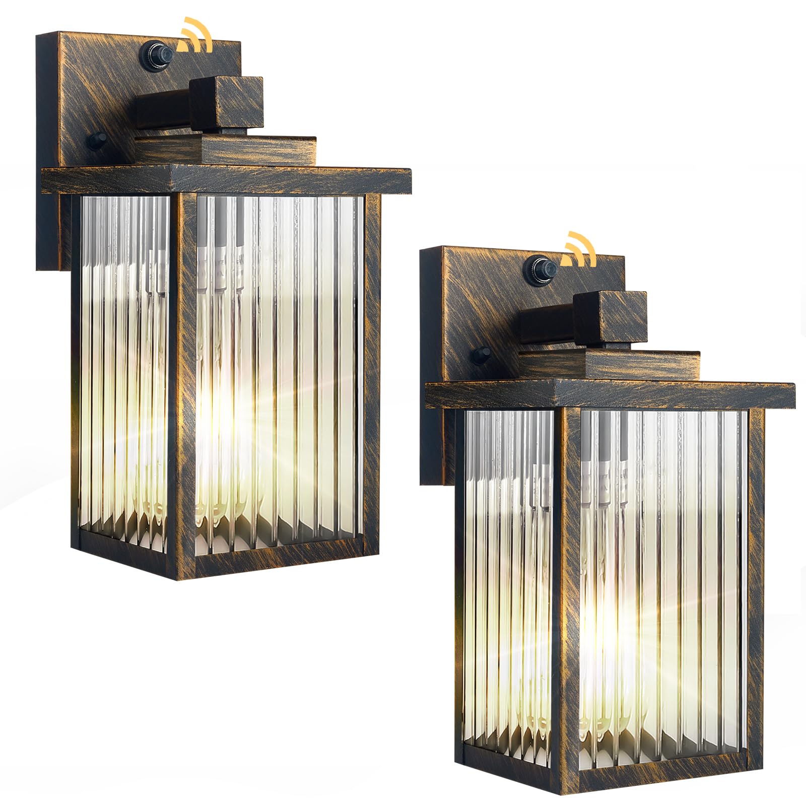 hameso 2 Pack Outdoor Wall Lights with Dusk to Dawn Sensor  Waterproof Exterior Lights for House Porch and Garage  Black Brush Gold Metal Wall Sconce with Textured Glass