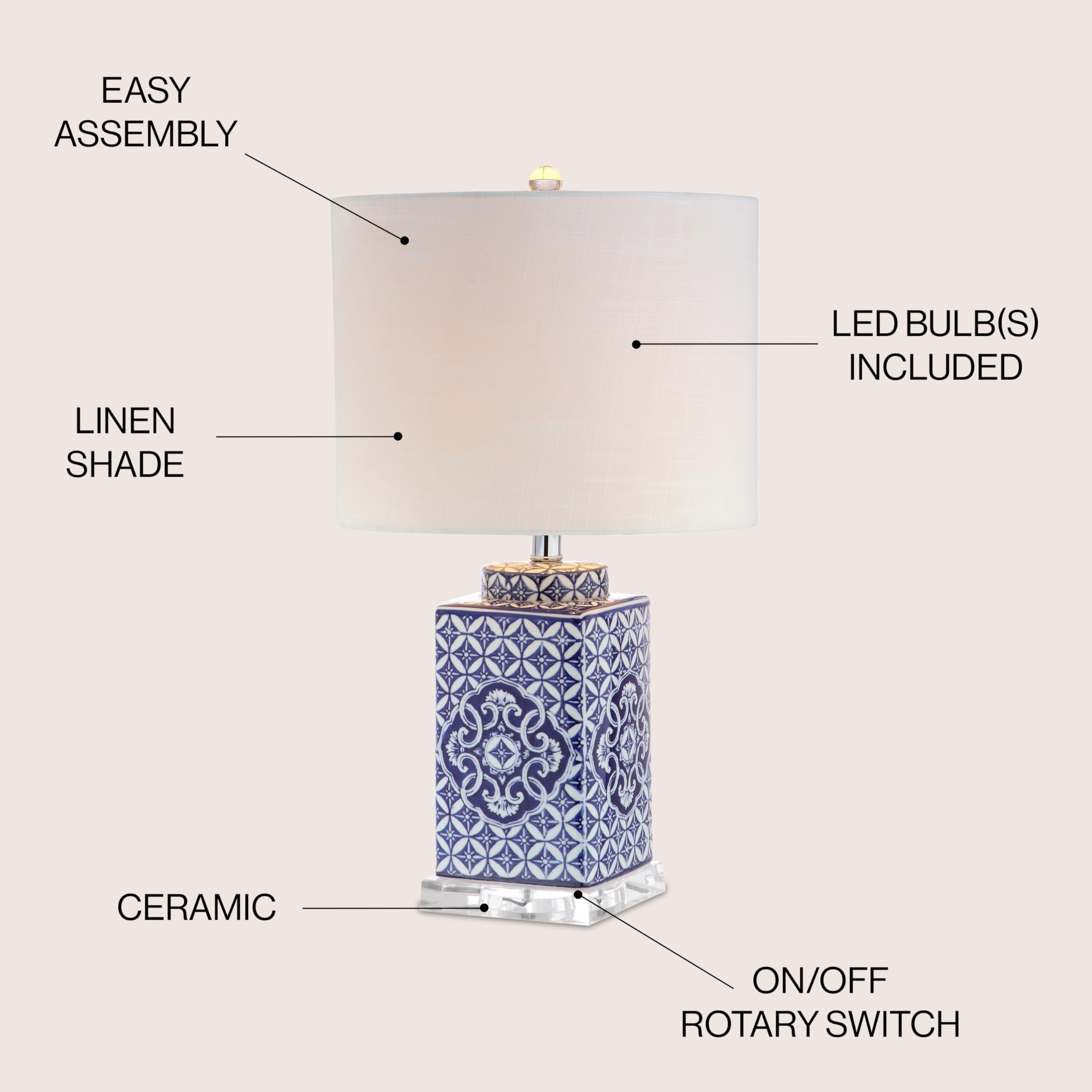 JONATHAN Y Choi 23" LED Table Lamp, Blue/White Ceramic, Model JYL3006A, Traditional Bedside Desk Light for Bedroom, Living Room, Office