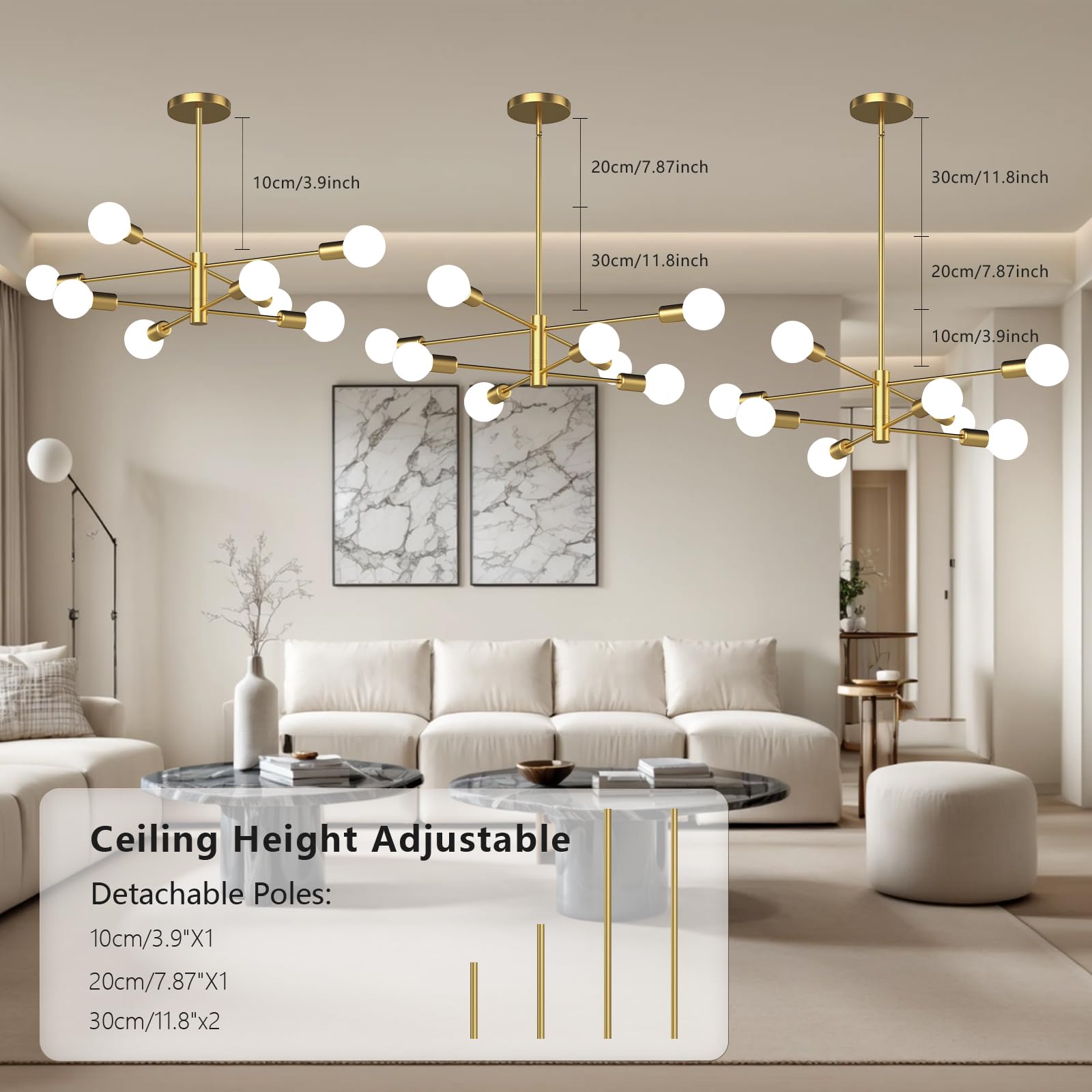 Eugitrains Gold Modern Sputnik Chandelier 8-Lights Mid Century Chandeliers Flush Mount Sputnik Lights Fixture For Dining Room, L