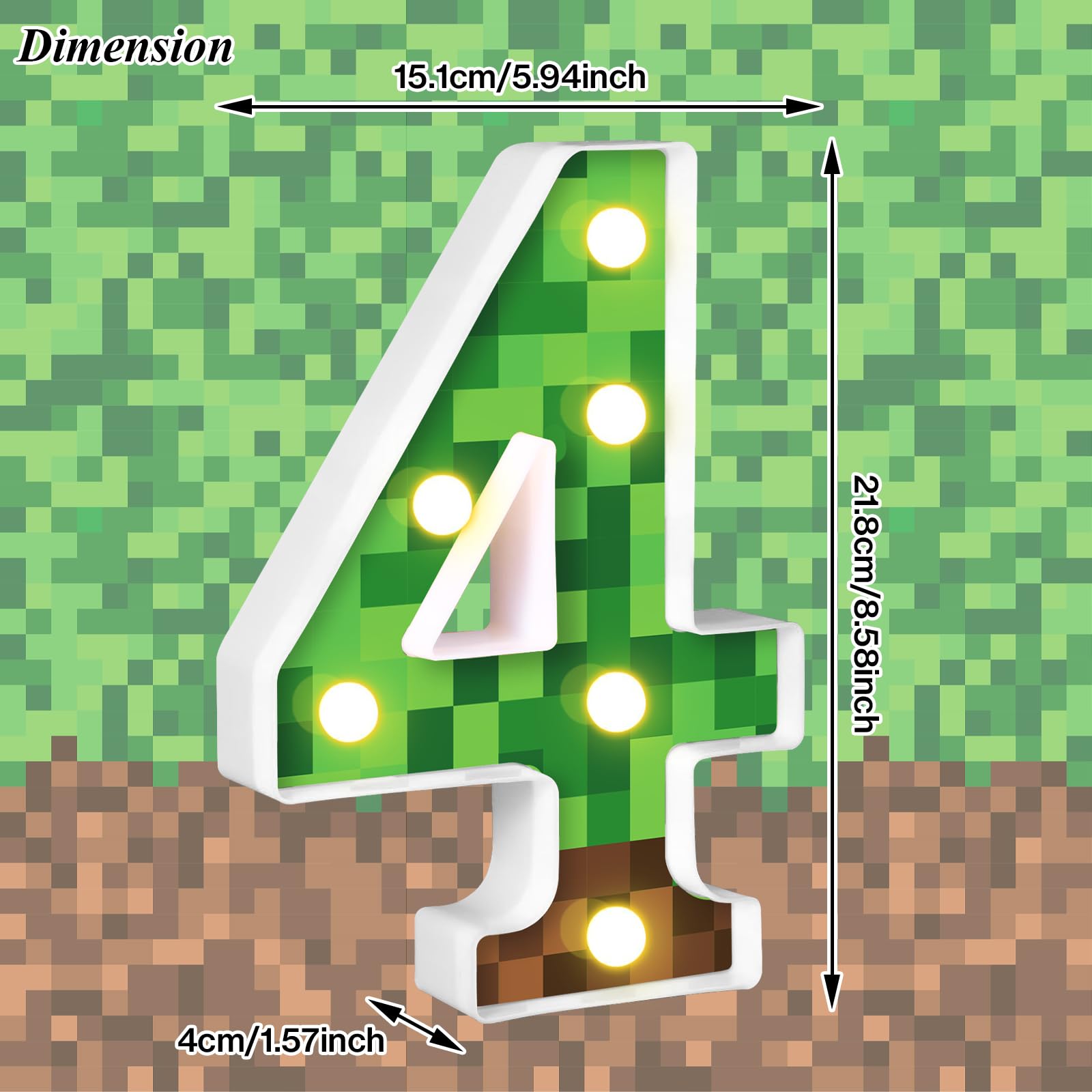 AXBMM Pixel Game Light Up Sign, Number 4, LED, 8.5", Green/Brown, Birthday Decorations, Table Centerpiece, Model XY-371
