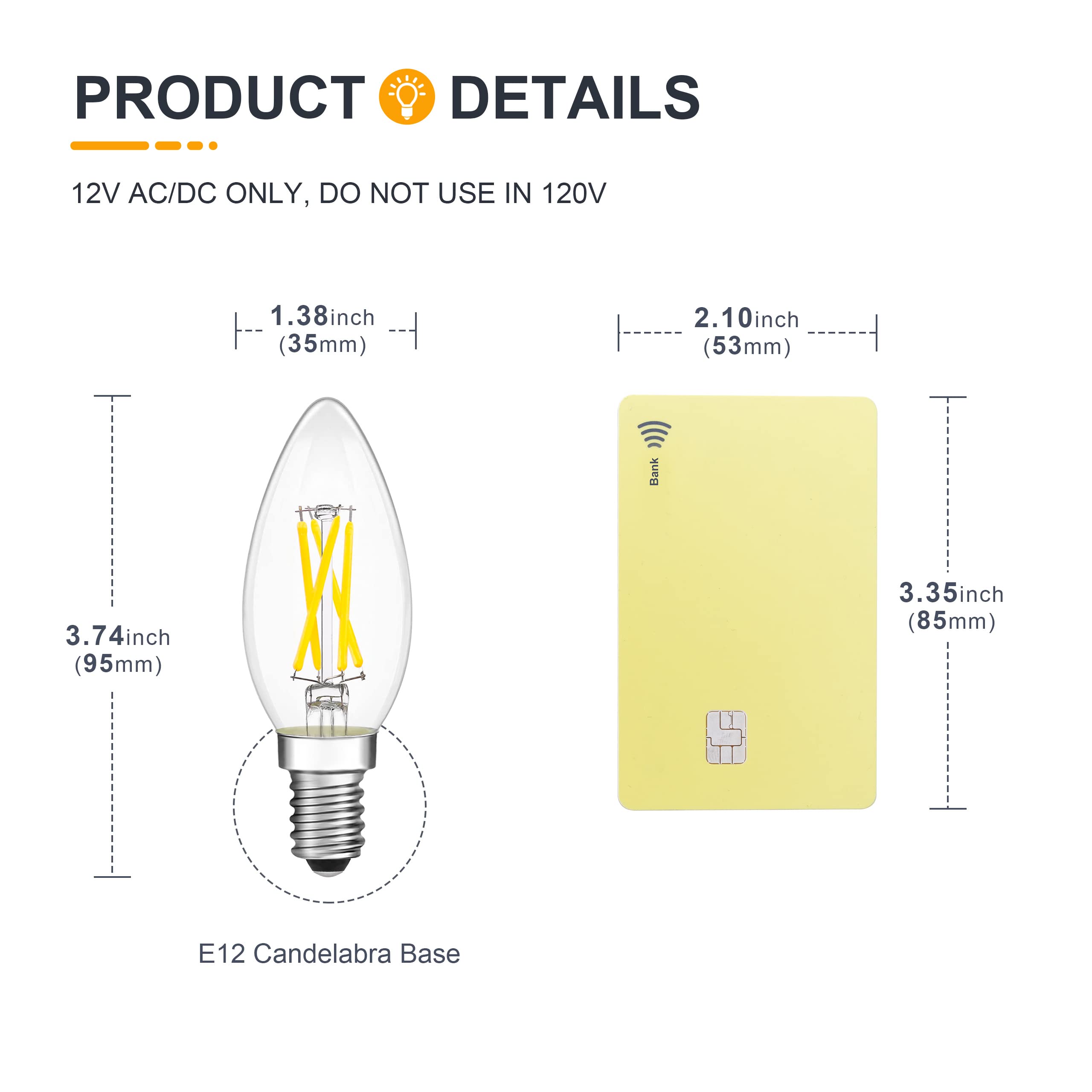 Tokcon 12V Candelabra Led Light Bulbs - Daylight 5000K 4W(Only For 12 Volt Dc/Ac) - E12 Small Base - 40W Equivalent Dimmable Low