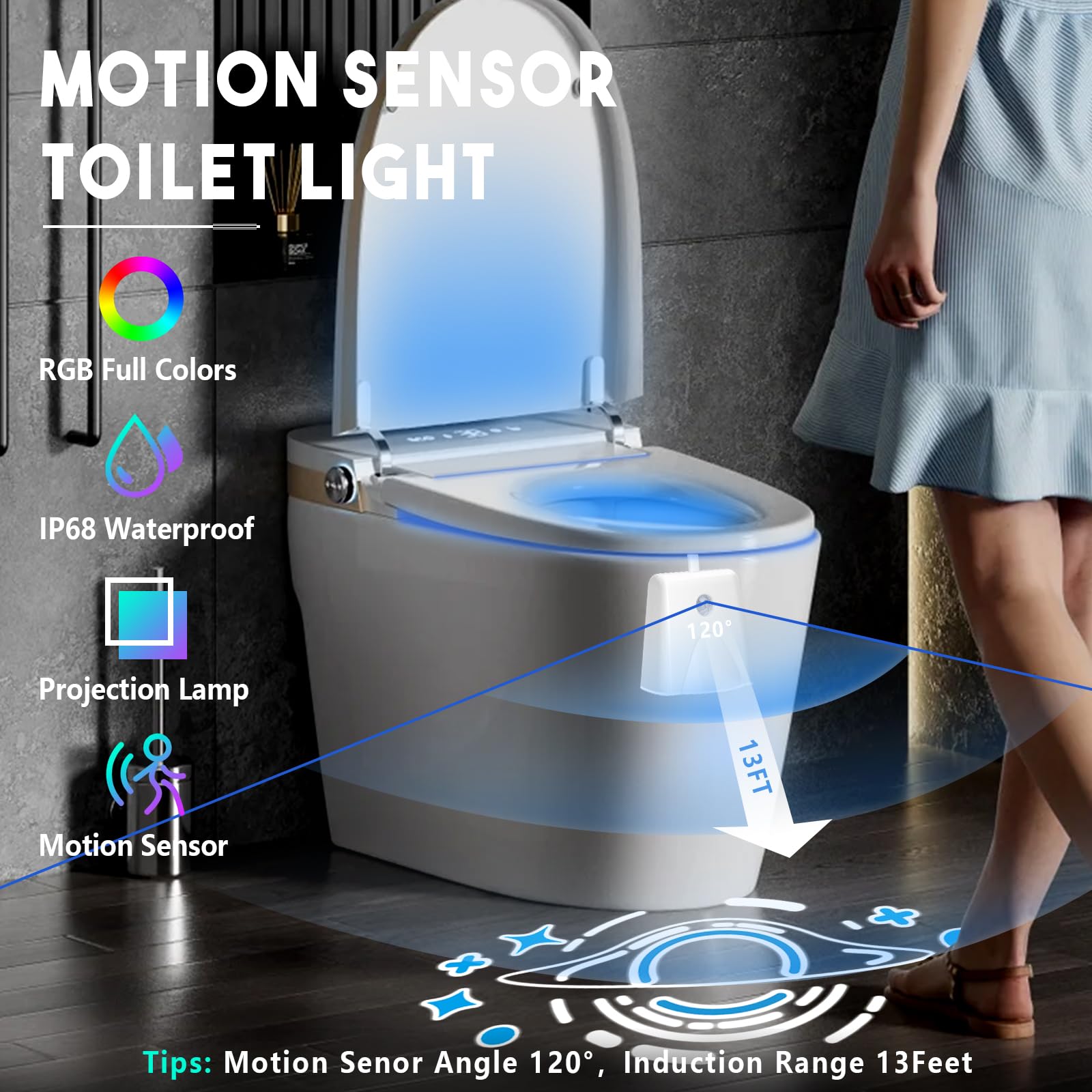 LAVAED Motion Sensor Toilet Light, 16 Color Changing, Rechargeable, Waterproof, 1 Pack, Acrylonitrile Butadiene Styrene, Indoor Use