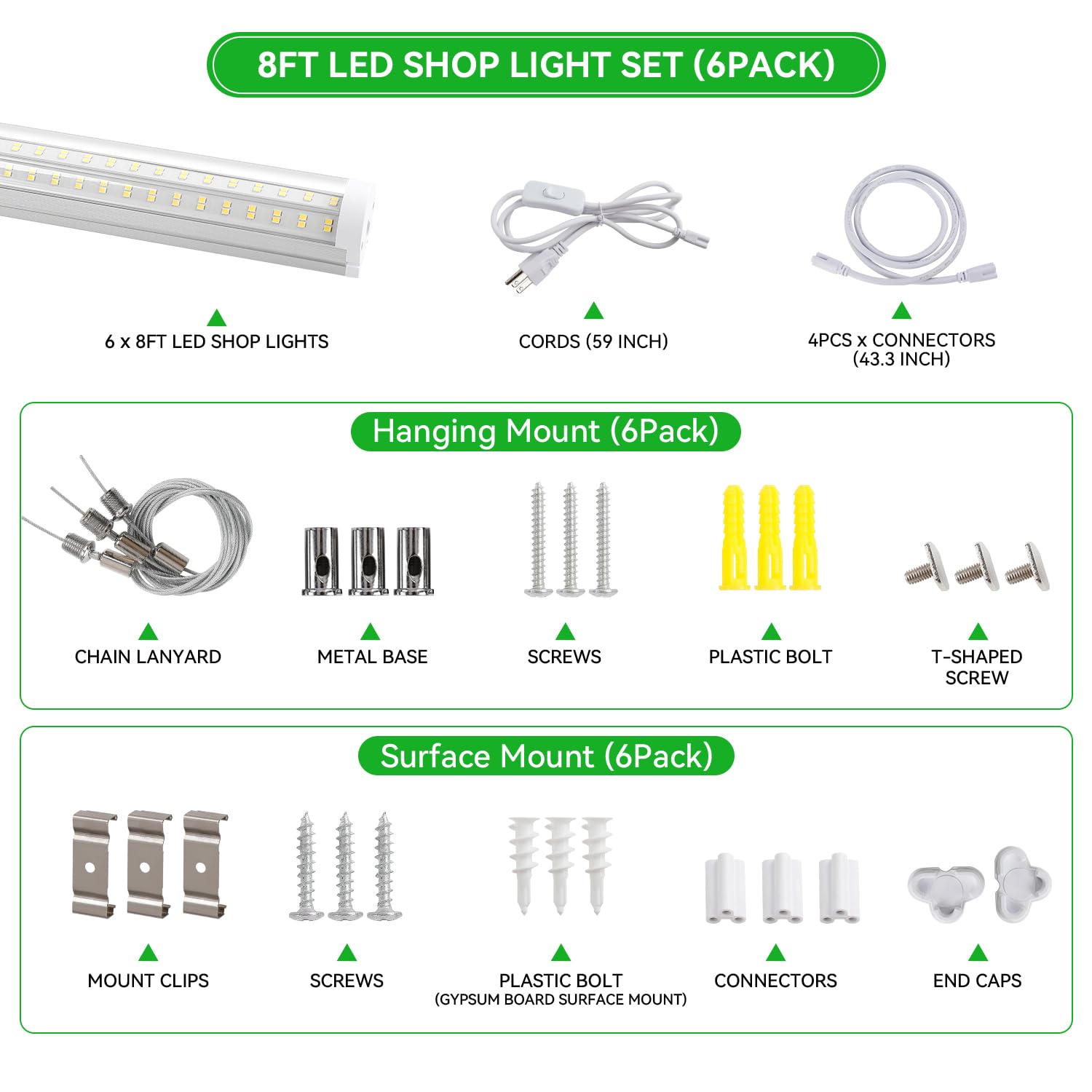 Skymoatled T12 LED Shop Light 130W 8FT 5000K Daylight White, 20800LM, 6-Pack, Aluminum, Linkable for Garage & Workshop