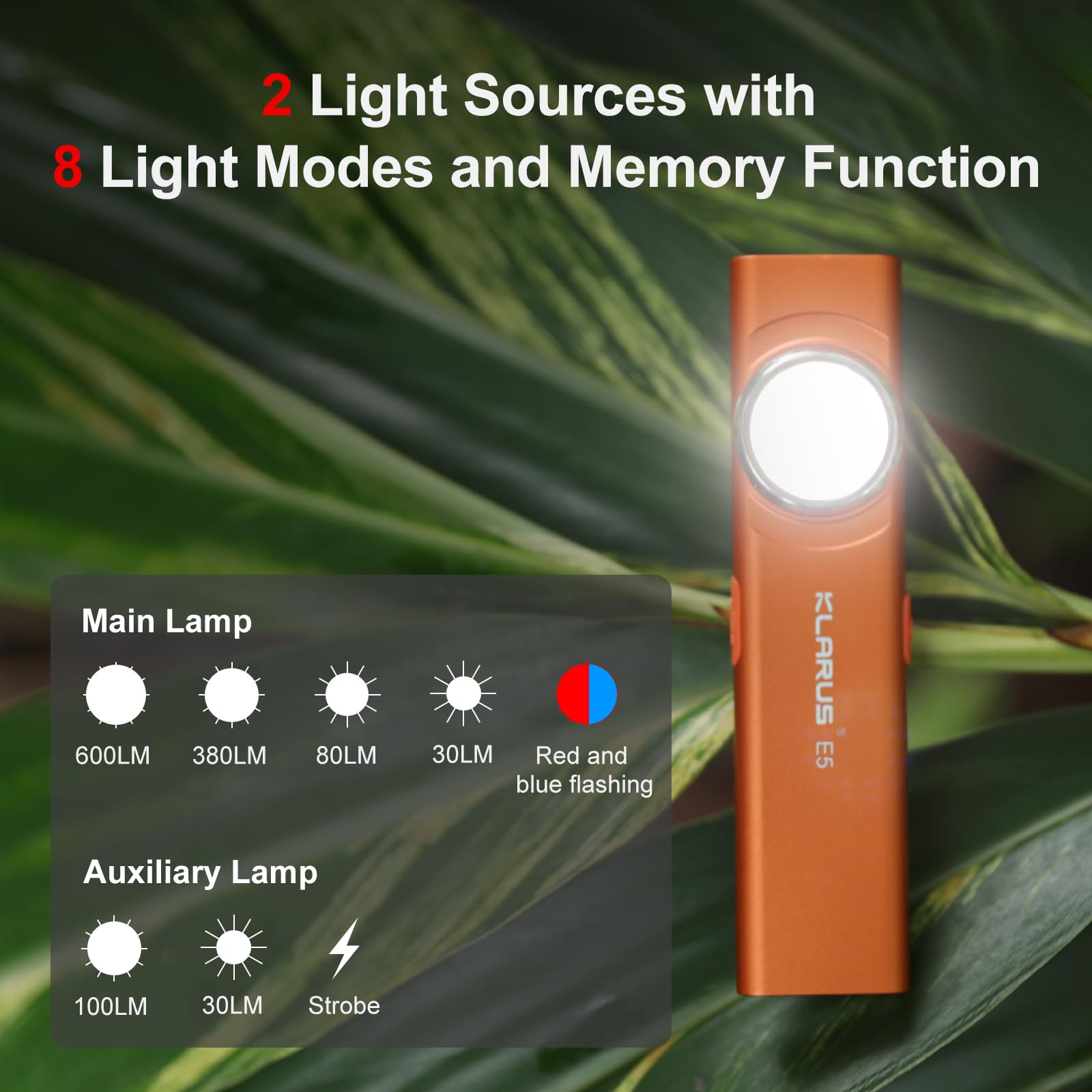 Klarus E5 Pocket Flashlight, Rechargeable, 600 Lumens, USB-C, 4.2x1x0.3in, IPX4, Metal Unibody, Orange