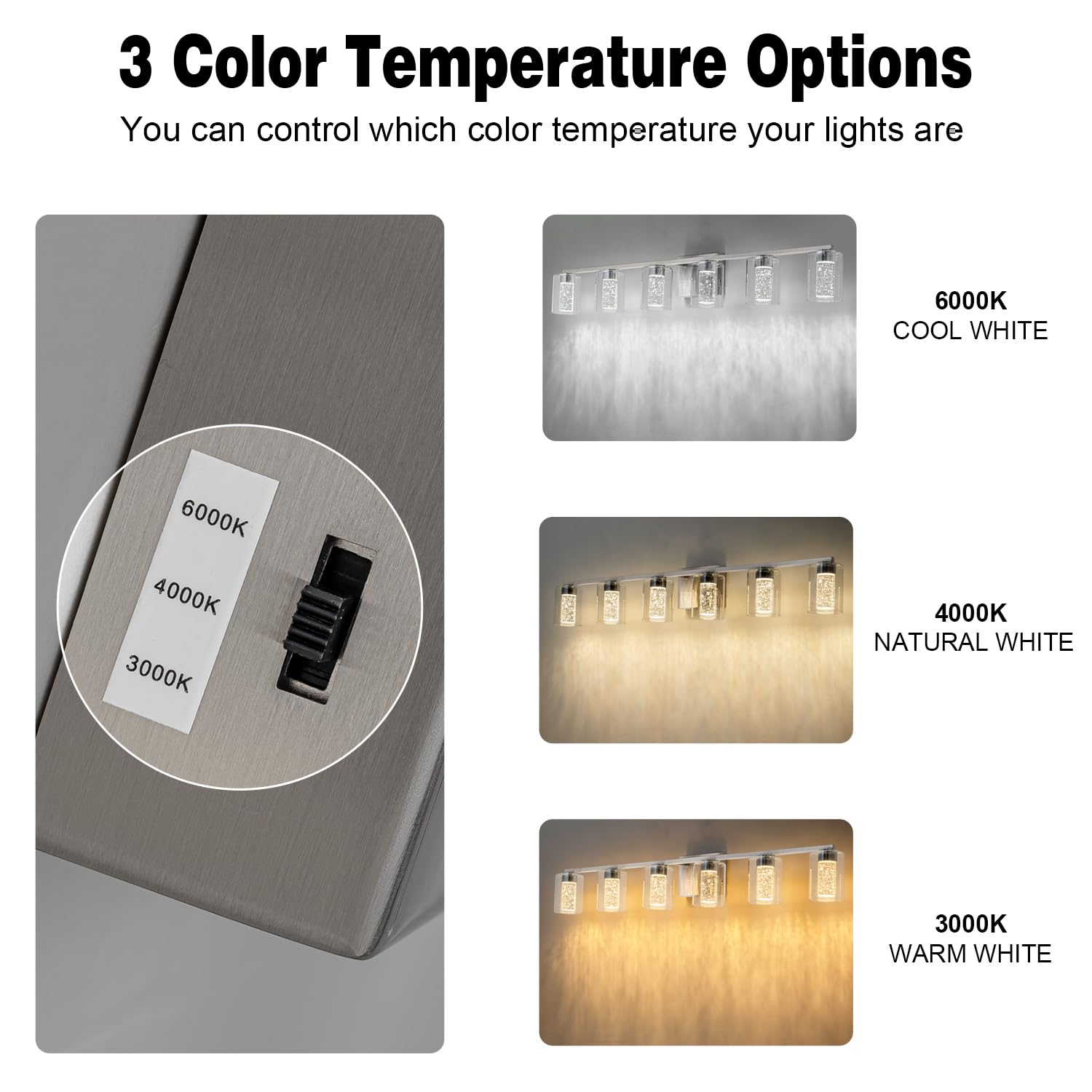 SineRise 6-Light Brushed Nickel Vanity Light, Dimmable LED Fixture with 3 Color Modes, Modern Design, Eye Protection, Model da61a593