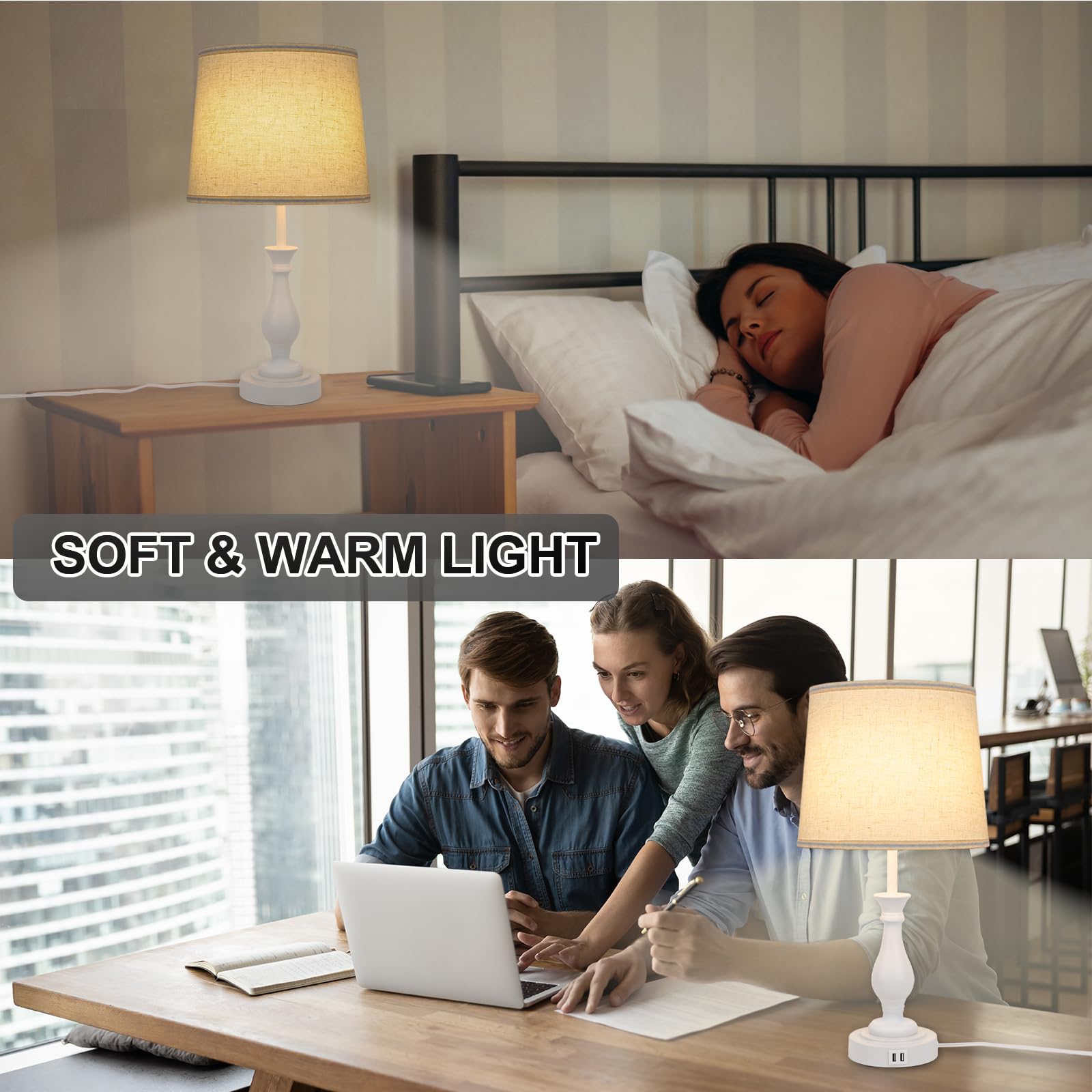 LALISU Farmhouse Table Lamp Touch Control 3-Way Dimmable with USB Ports, Fabric Shade, Off White, Pack 1
