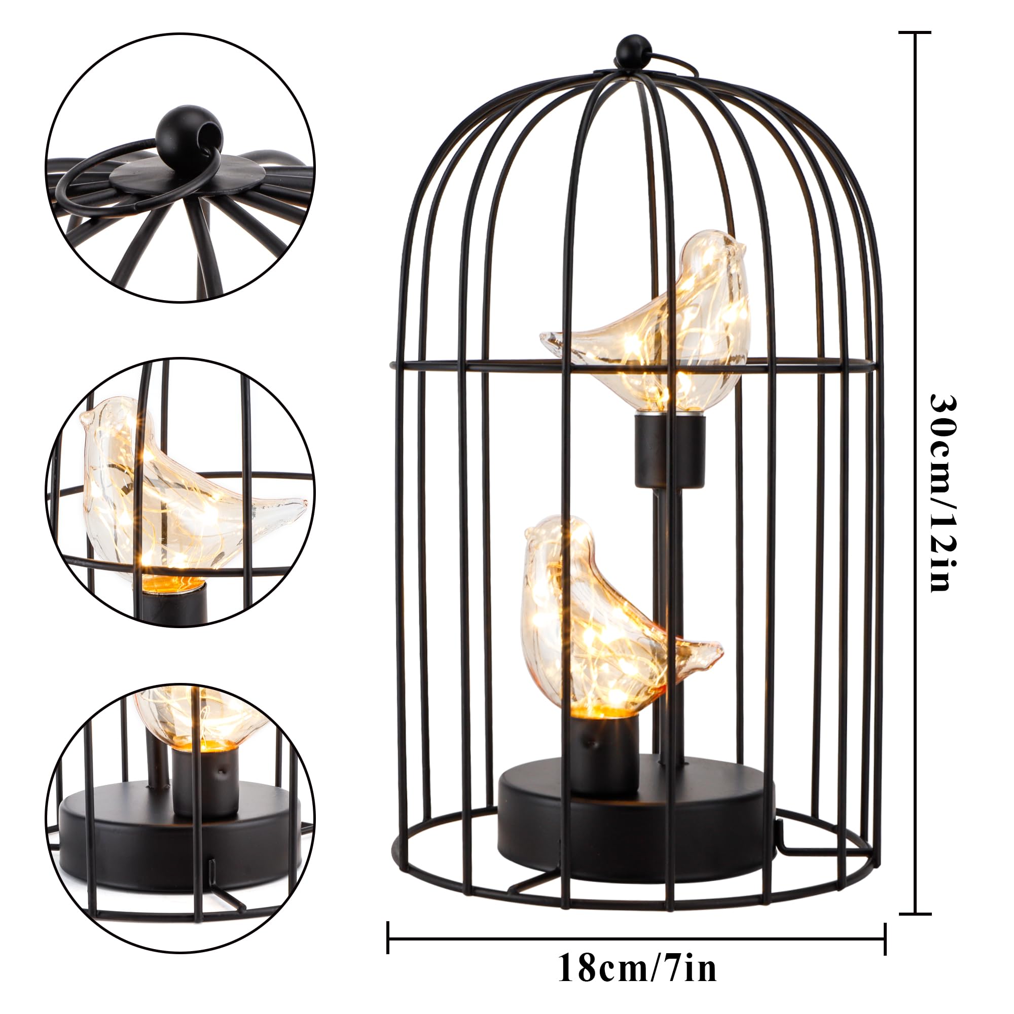 Jhy Design Birdcage Decorative Lamp Battery Operated 12'' H Cordless Table Lamp With Warm White Fairy Lights Bird Bulb For Indoo