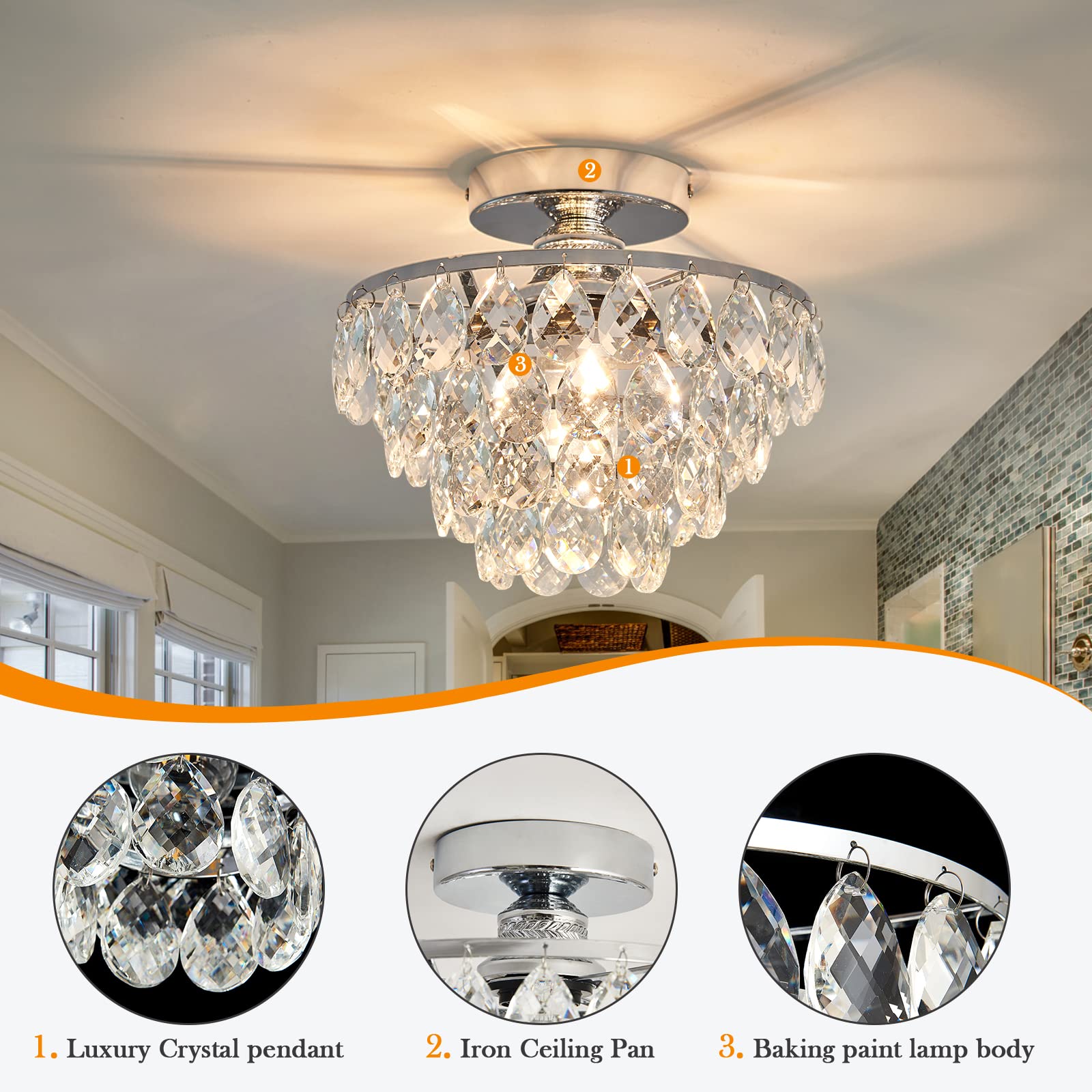 Yyjlx Modern E26 Silver Crystal Chandelier Semi Flush Mount Ceiling Light For Hallway & Bedroom