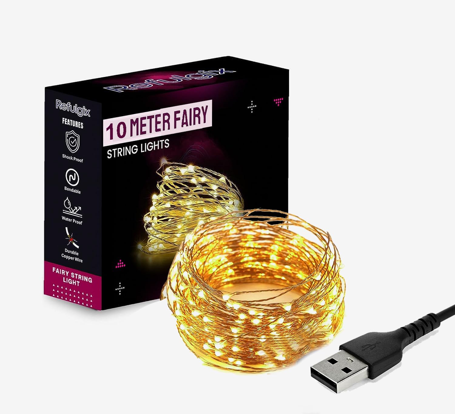 REFULGIX 10 Meter 100 LEDs Fairy String Lights USB Powered Copper Wire LED Fairy Light for Indoors & Outdoors, Diwali, Christmas