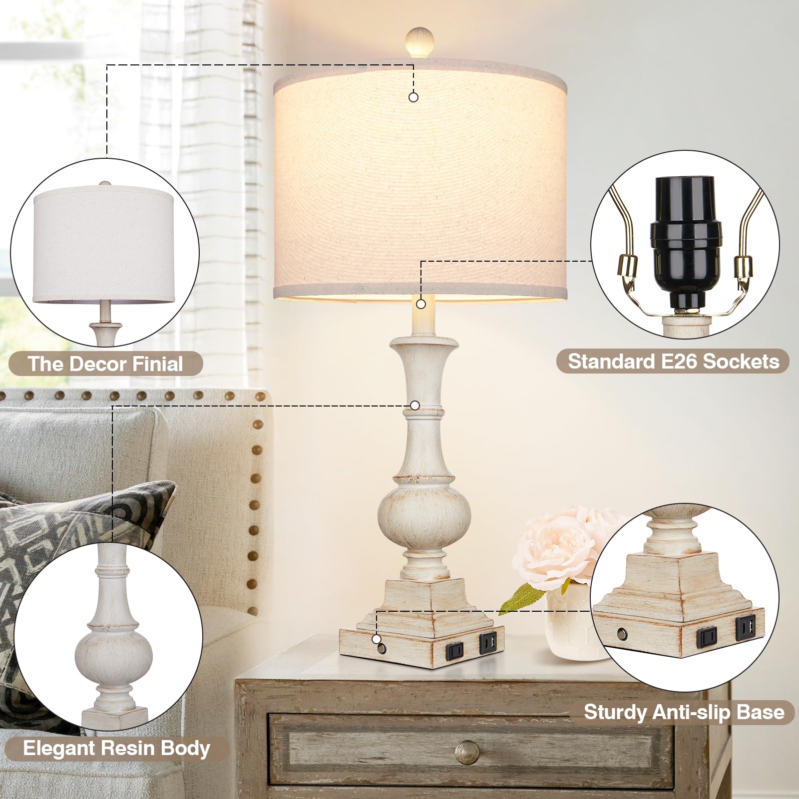 26'' Farmhouse Table Lamp, Vintage Rustic Touch Control Bedside Lamp With 2 Usb Ports & Ac Outlet, Boho Resin 3-Way Dimmable Nig