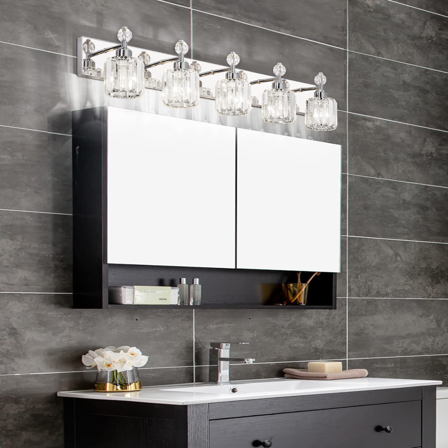 PRESDE Modern Crystal Vanity Light Fixture, 5-Light, Chrome, Stainless Steel for Bathroom Over Mirror