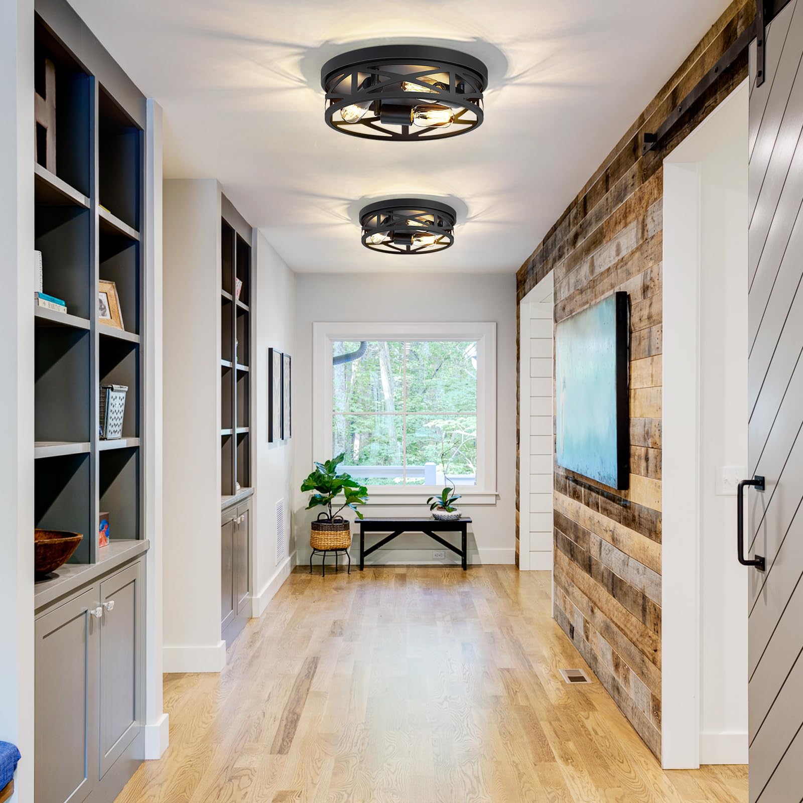 Zhu Yan 2 Pack Flush Mount Ceiling Light Fixture,3-Light Hallway Light Fixtures Ceiling,Black Ceiling Light Fixture,13 Inch Ligh