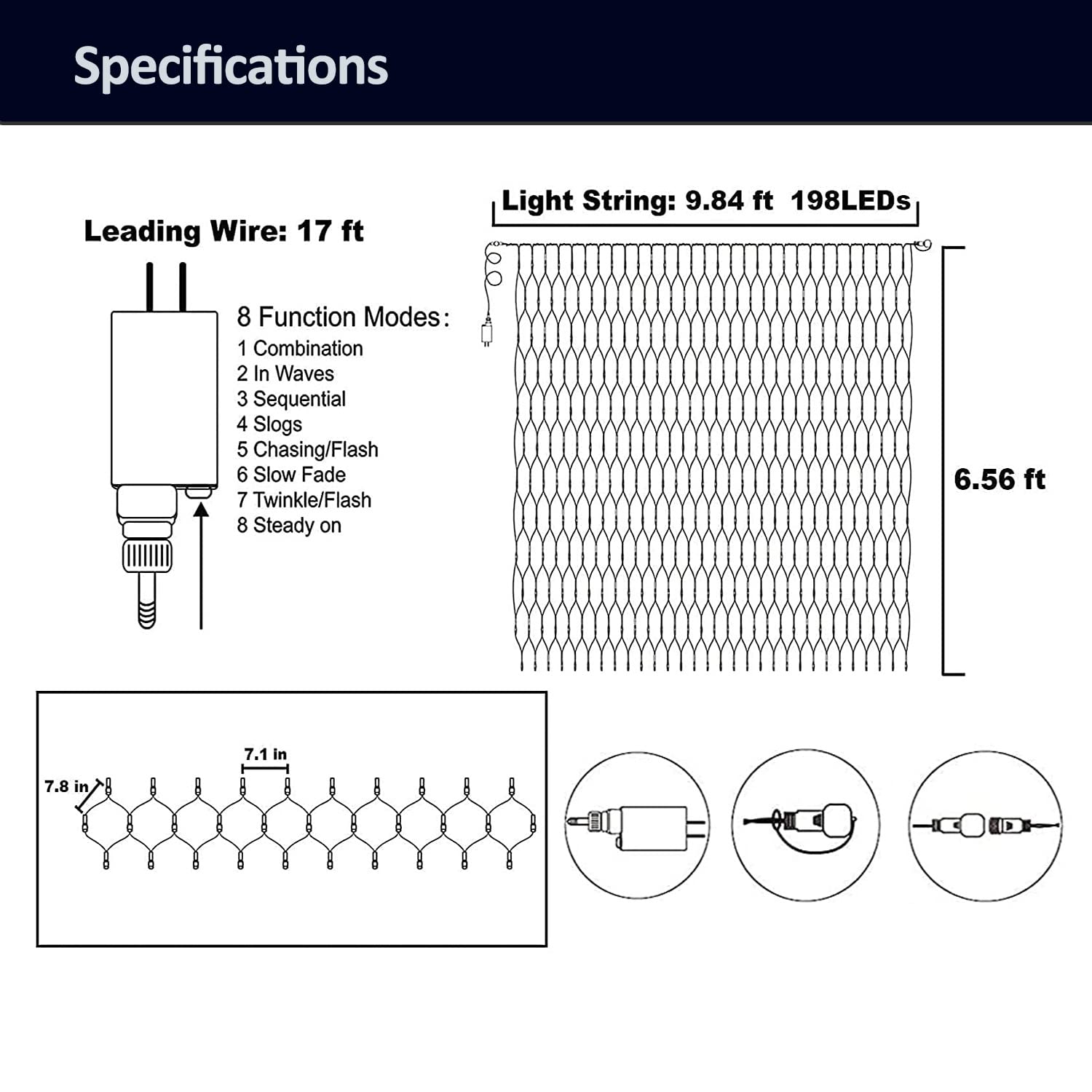 weillsnow 198 LED Outdoor Net Lights, 9.8ft x 6.6ft, Warm White, Connectable, 8 Twinkle Modes, Model HB-198WCOI
