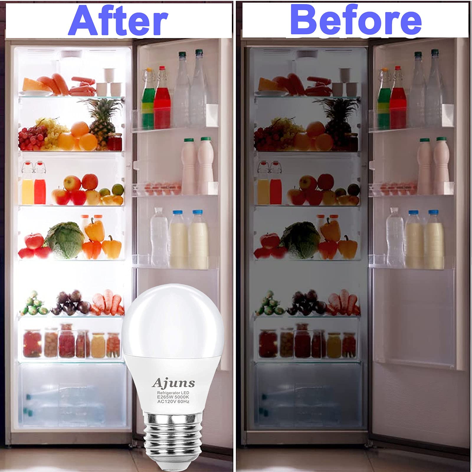 Ajuns LED Refrigerator Light Bulbs 5W Daylight White 5000K E26 2-Pack Waterproof A15 Model AJ-09