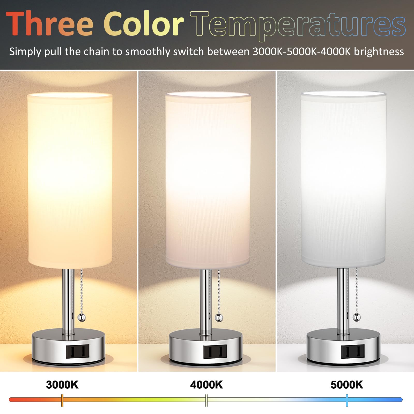 Fenmzee White Silver Bedside Table Lamps Set Of 2-3 Color Temperatures Pull Chain Lamp With Ac Outlet Charging Port, Two Round N