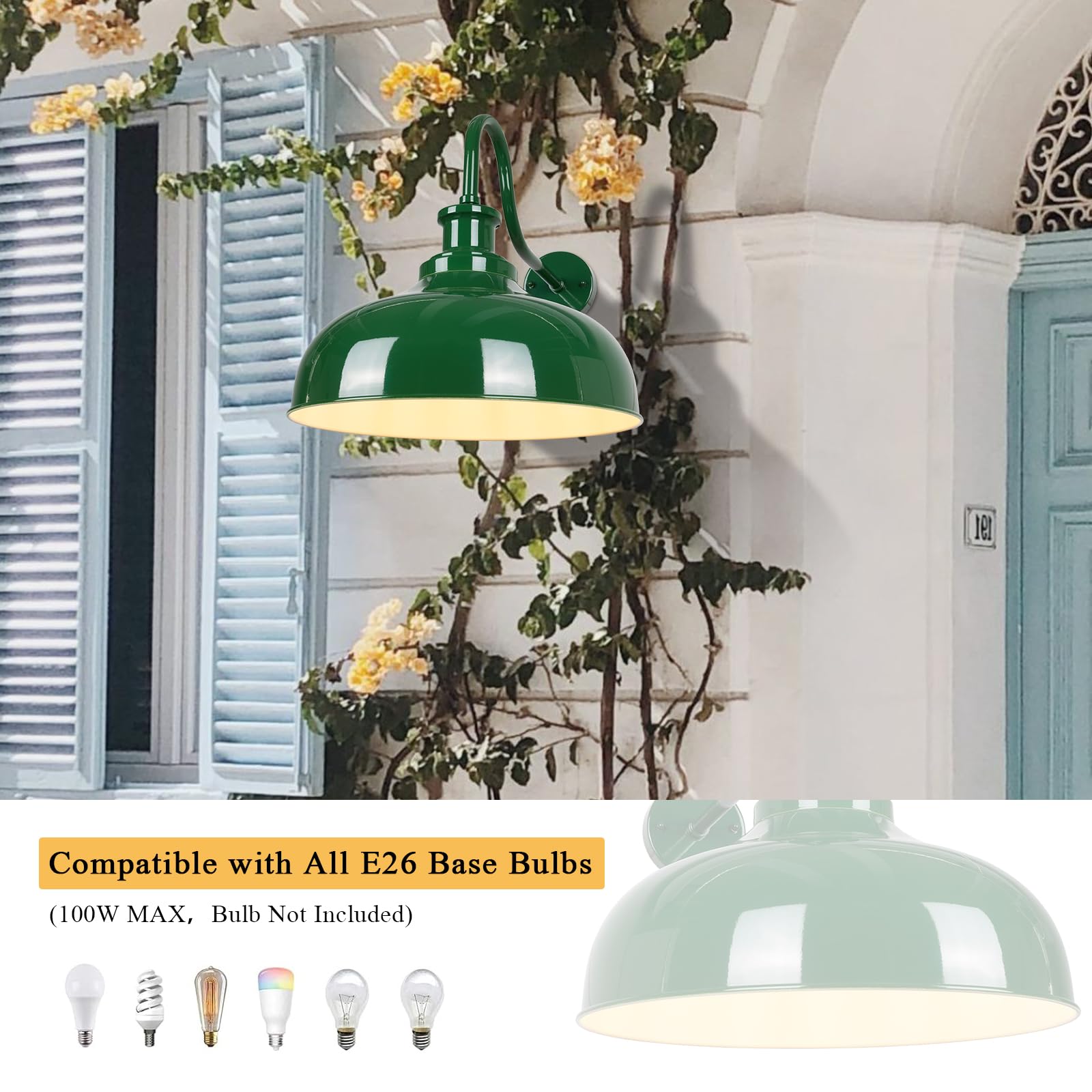 Diyel Outdoor Barn Lights  14 Inch Dome Rustic Outdoor Wall Sconces  Farmhouse Exterior Wall Mount Lighting Fixture  Industrial Green Wall Lantern For Porch  Entryway  Garage  Rz007M-2 Gr+Wh