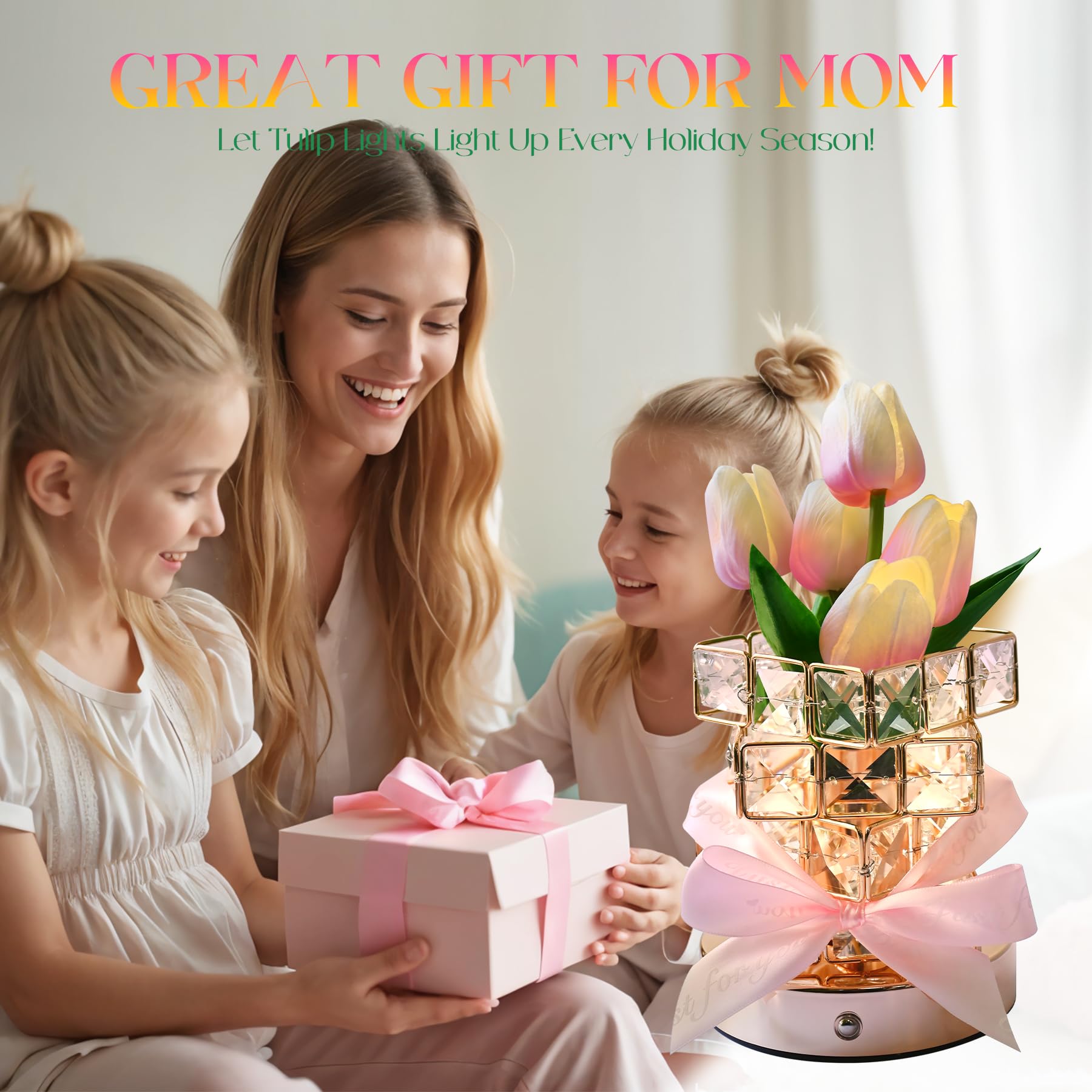 Nuunuy Gifts For Her Women,Led Tulip Cordless Night Light Dimmable Crystal Base With Usb Charge, Small Night Light Home Decor