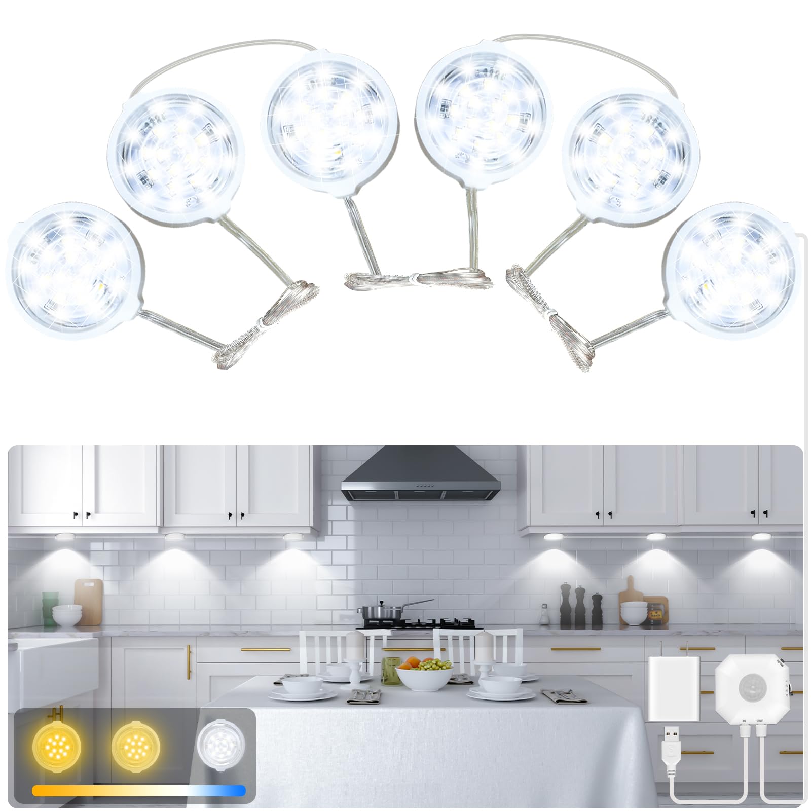 Under Cabinet Motion Sensor Lights, 3 White Color Plug-in, Indoor for Kitchen, Closet, Stairs